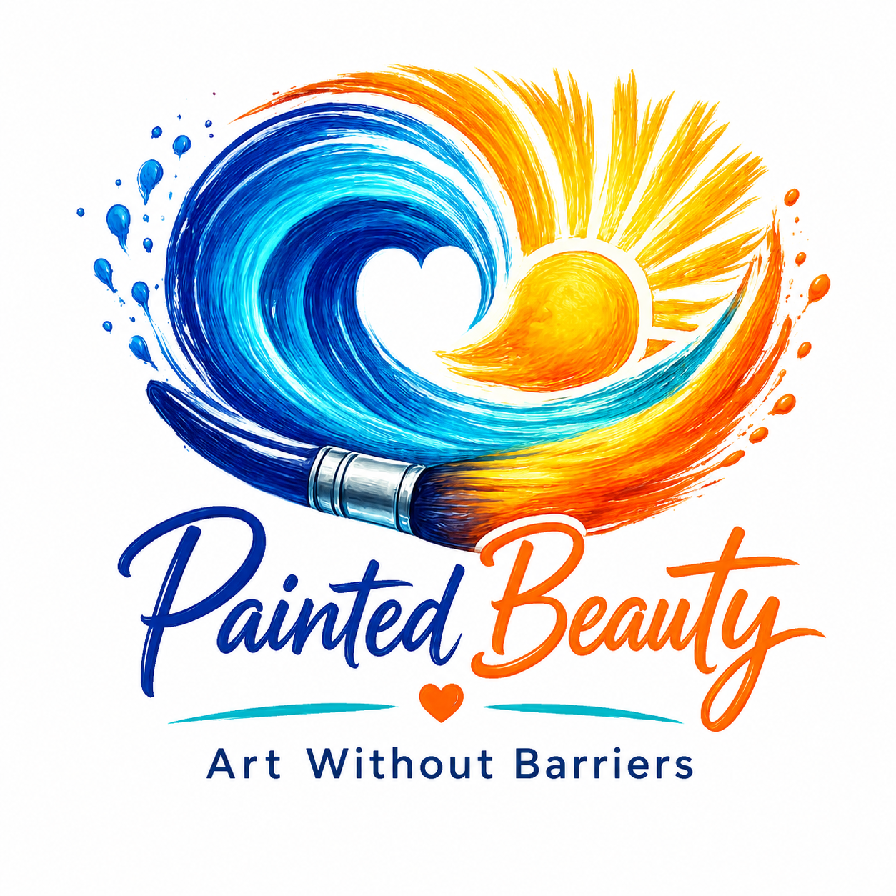 Painted Beauty, Art Without Barriers Primary Logo with paintbrush, heart and sun.