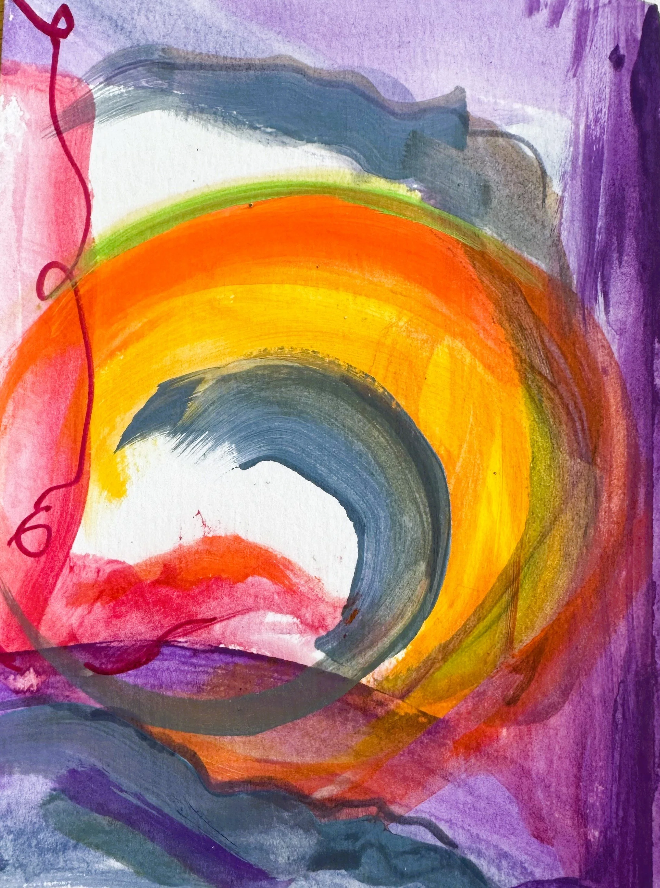 Abstract watercolor painting featuring a rainbow with vibrant colors including purple, blue, green, yellow, orange, and red, with visible brushstrokes and blending.