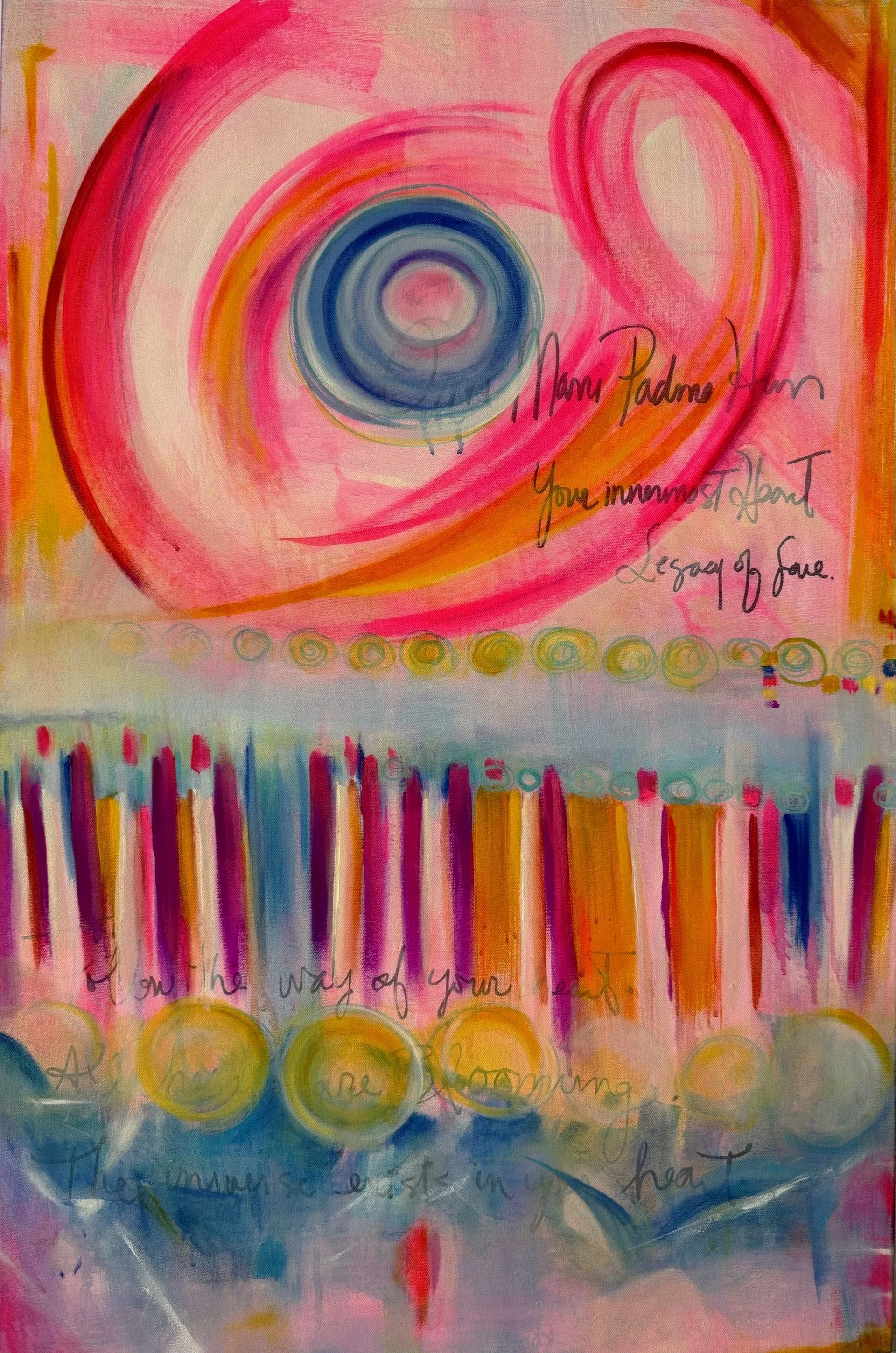 An abstract painting with a pink and yellow color scheme, featuring a large spiral with concentric circles in blue and pink, and handwritten text overlaying the image.