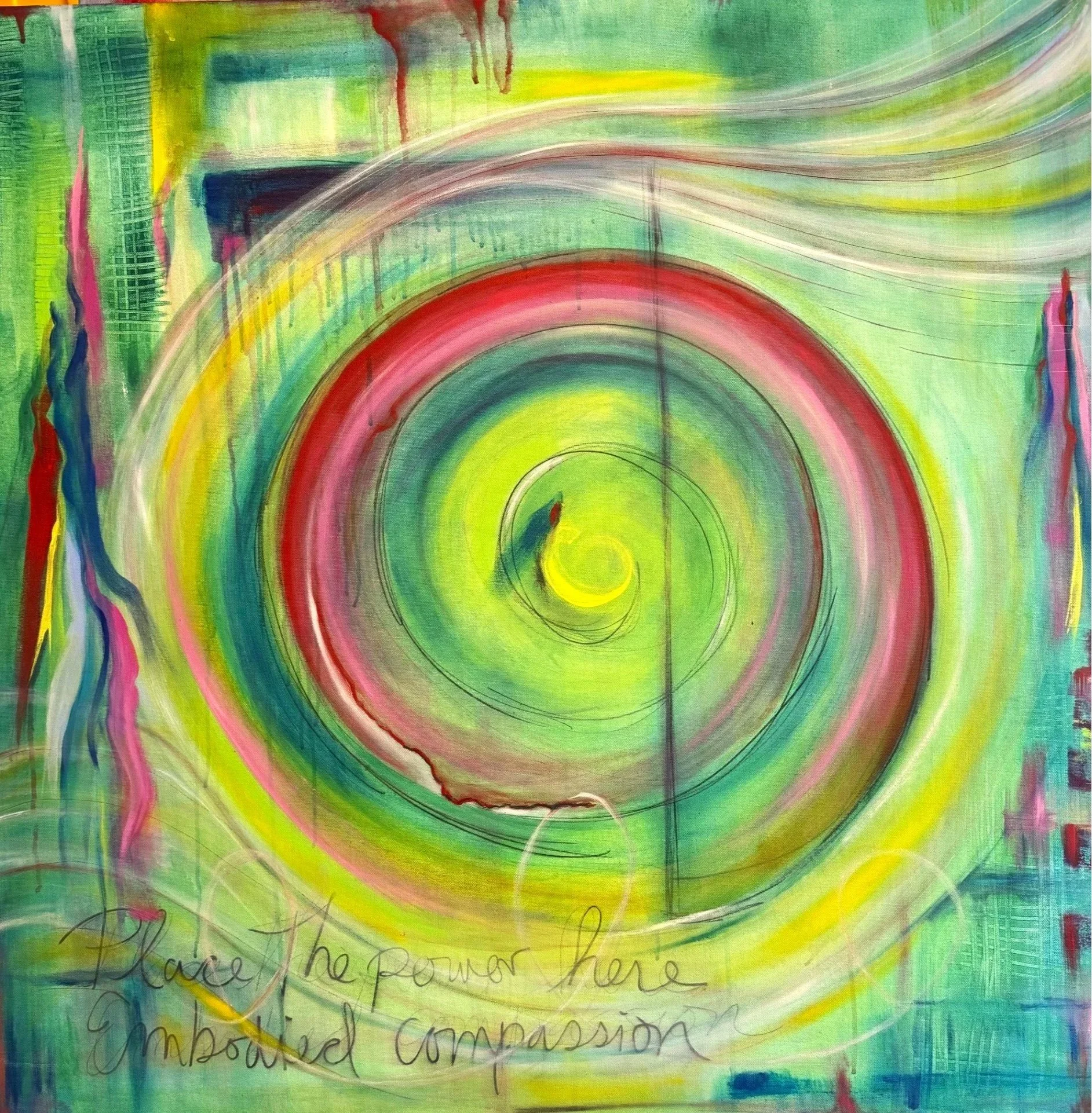 Abstract painting with vibrant swirling colors including green, yellow, pink, blue, and red, with faint handwritten text overlayed.