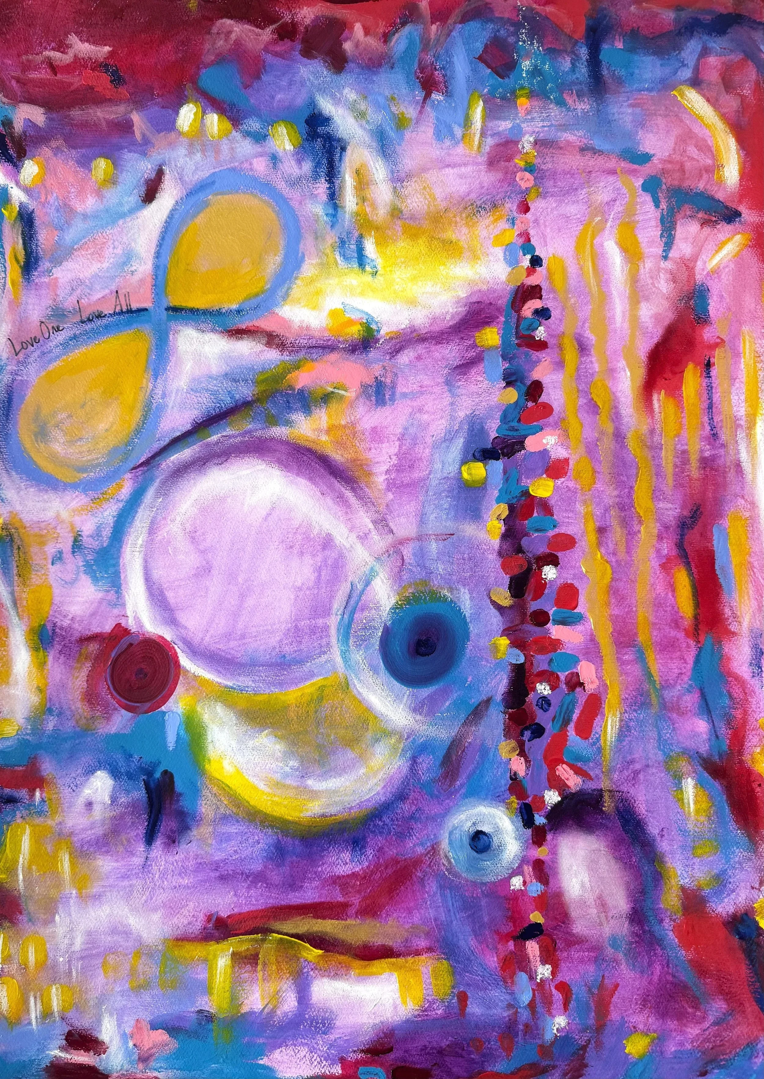 Abstract colorful painting with dominant pink, purple, and blue hues, featuring circular shapes, vertical lines, and various textured brushstrokes.