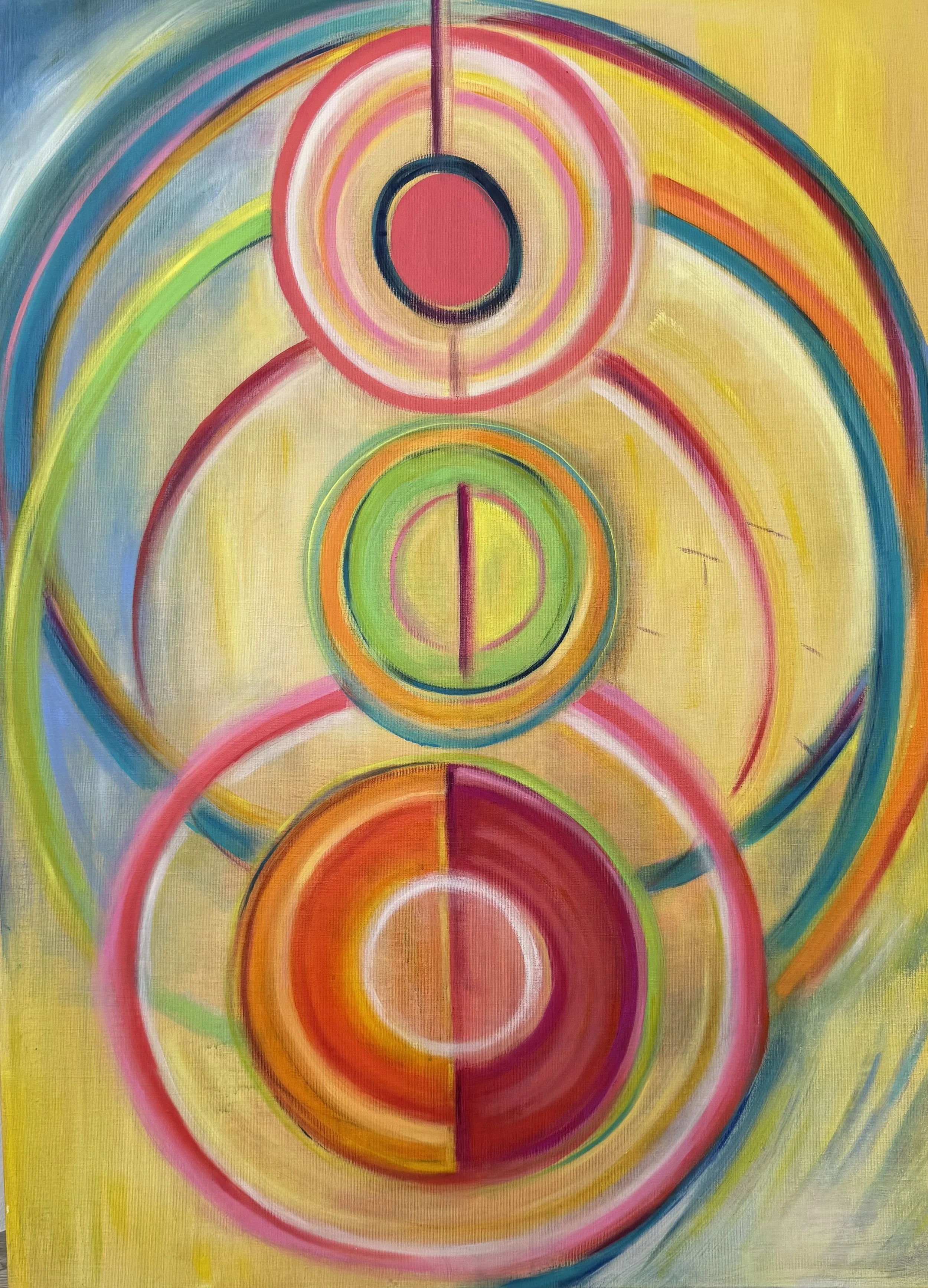 Abstract painting featuring concentric circles and curved lines in vibrant colors including pink, orange, yellow, green, blue, and red on a yellow background.