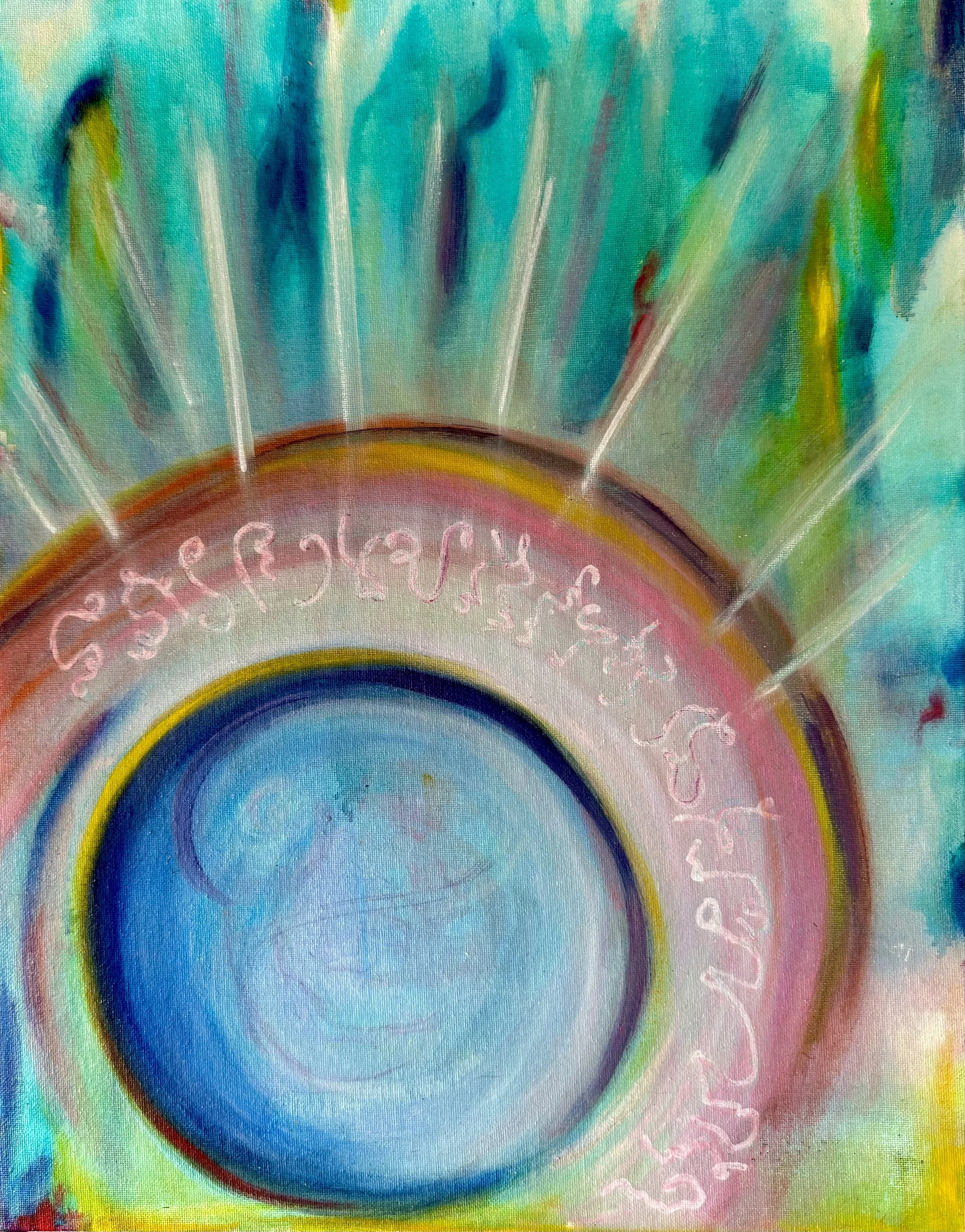 Close-up of a colorful abstract painting with concentric rainbow-like circles and white spiral patterns, blending shades of blue, green, pink, and yellow.