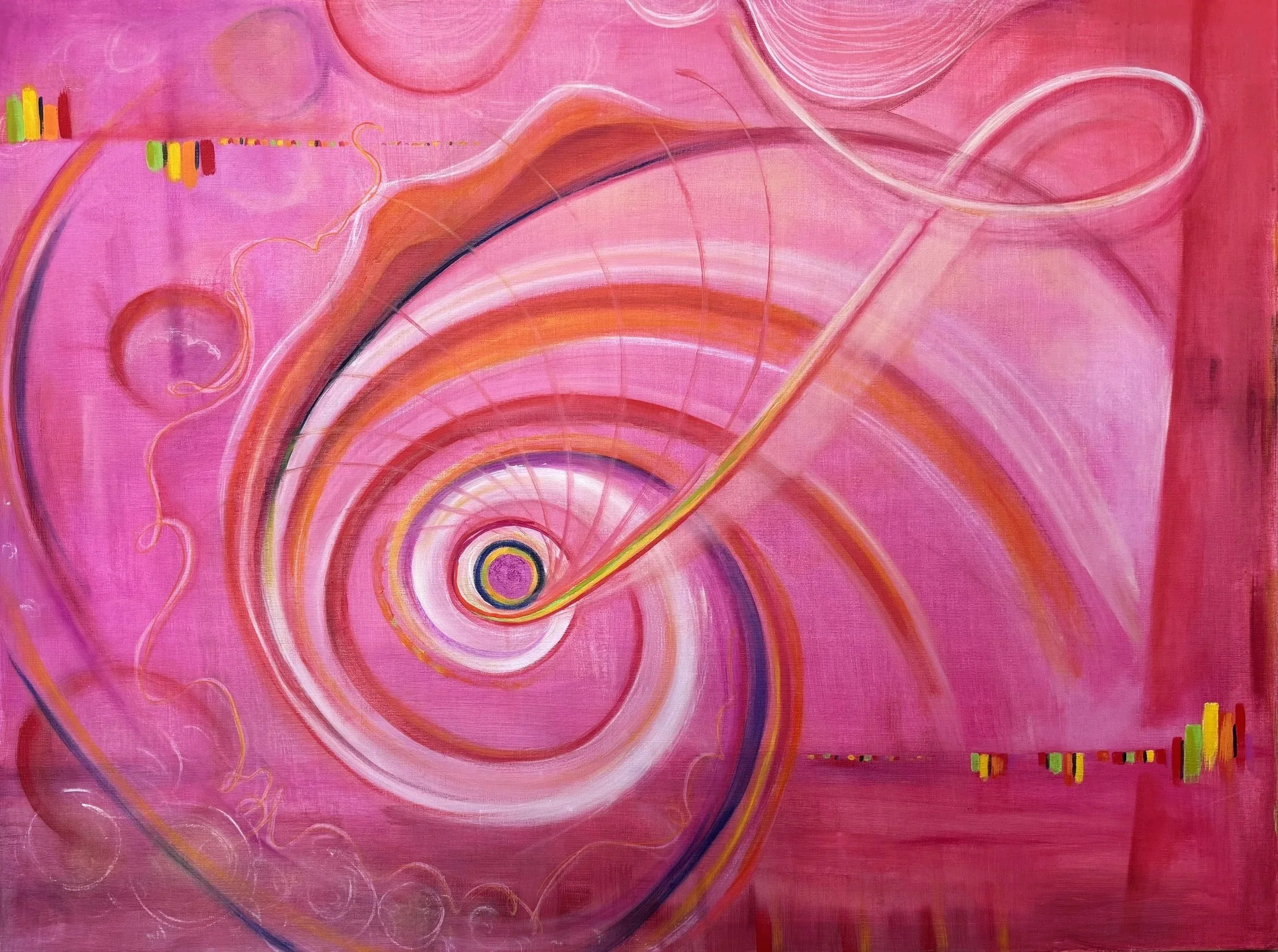 Abstract painting with pink as the dominant color, featuring concentric circles, swirling lines, and colored bar patterns in the corners.
