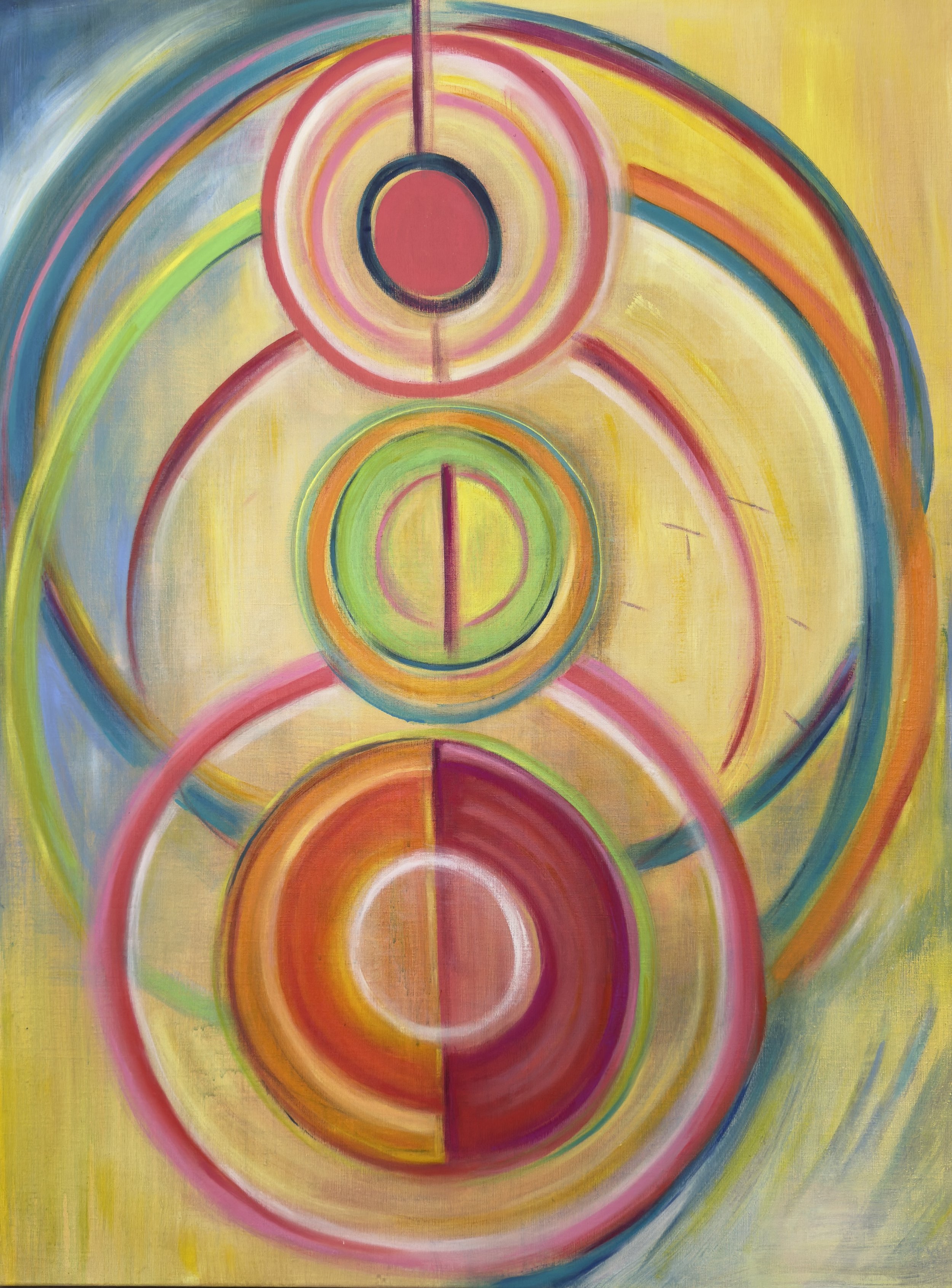 Abstract painting featuring concentric circles in bright colors such as pink, orange, yellow, green, and blue, with a yellow background and curved lines creating a dynamic composition.