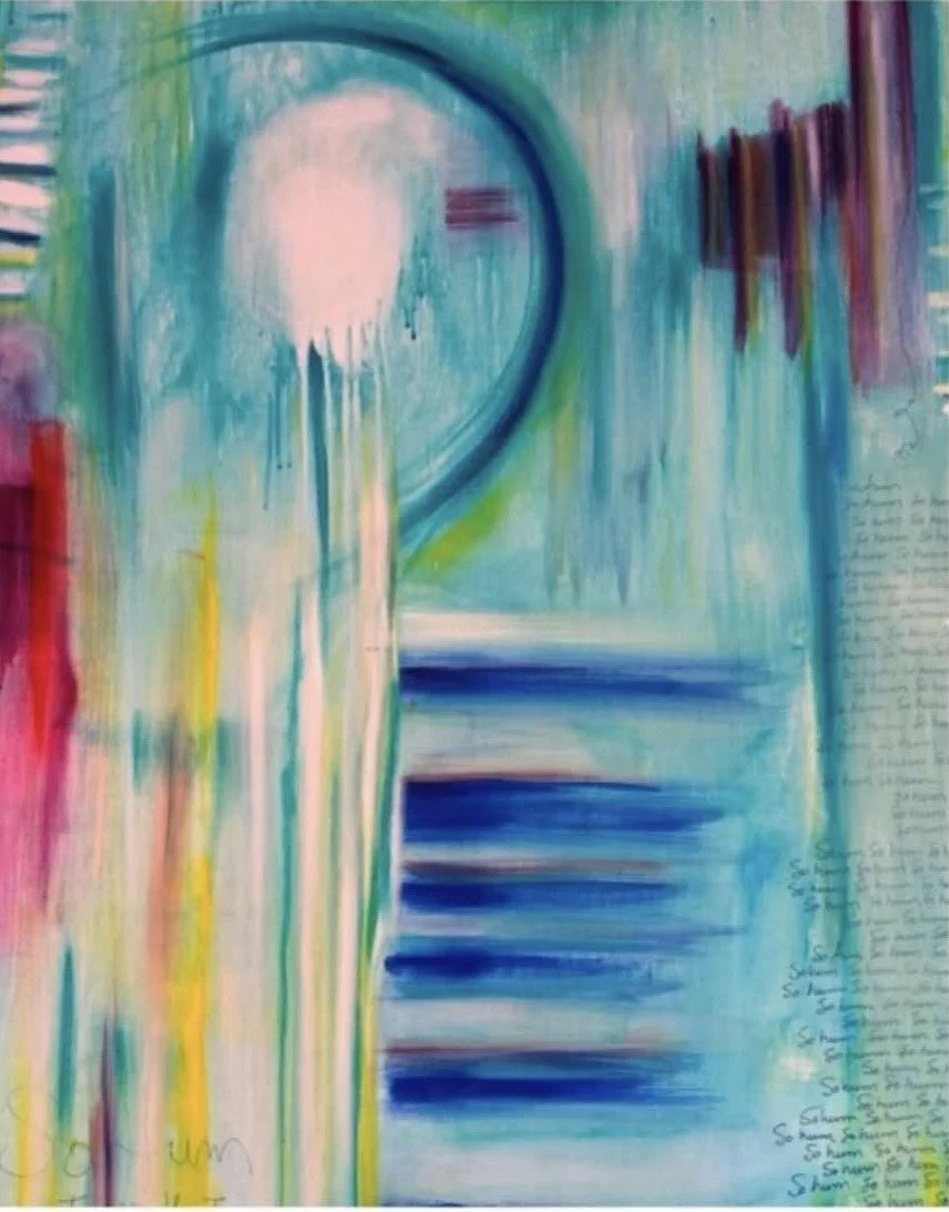 Abstract artwork with a combination of vibrant colors including pink, yellow, green, blue, and purple, featuring circular shapes, vertical lines, and handwritten text on the right side.