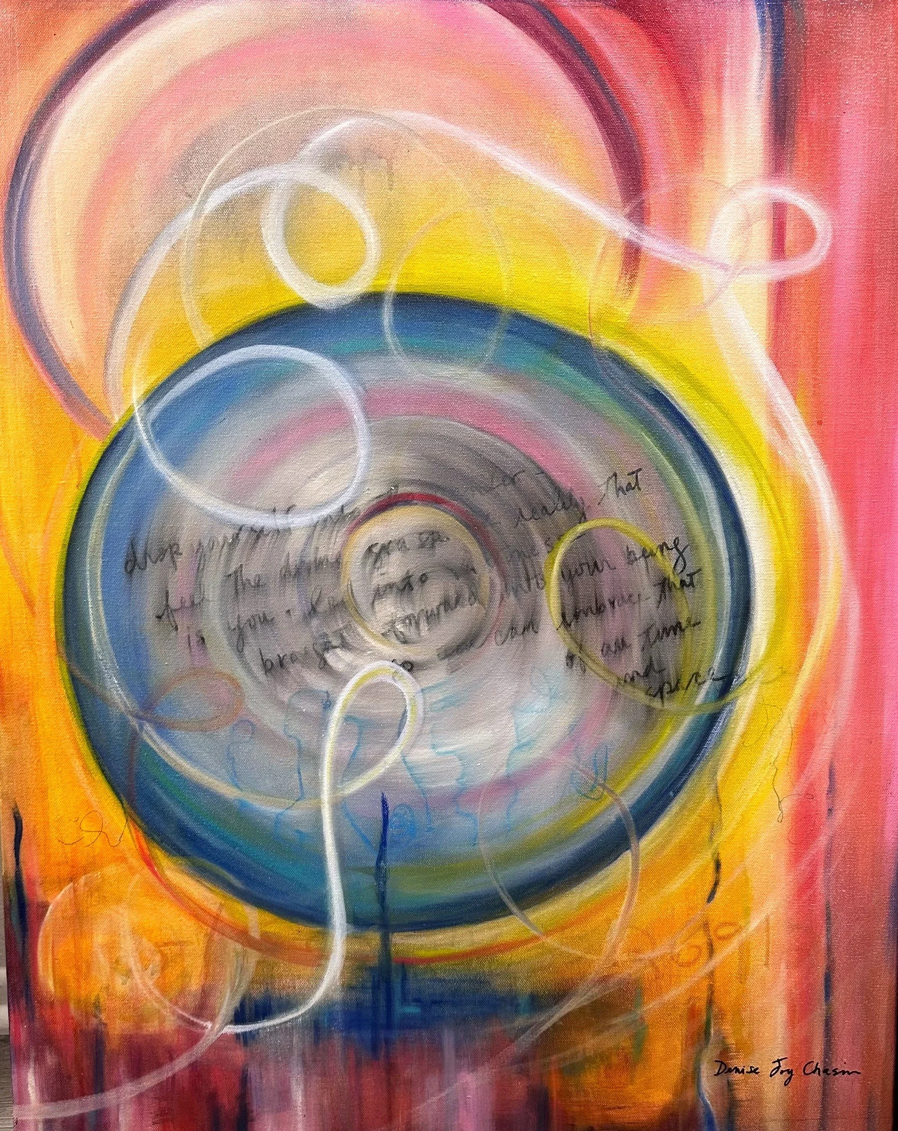 Abstract painting with swirling colors including pink, yellow, blue, red, and white, featuring concentric circles and looping lines. Signed by Denise Joy Chasim.