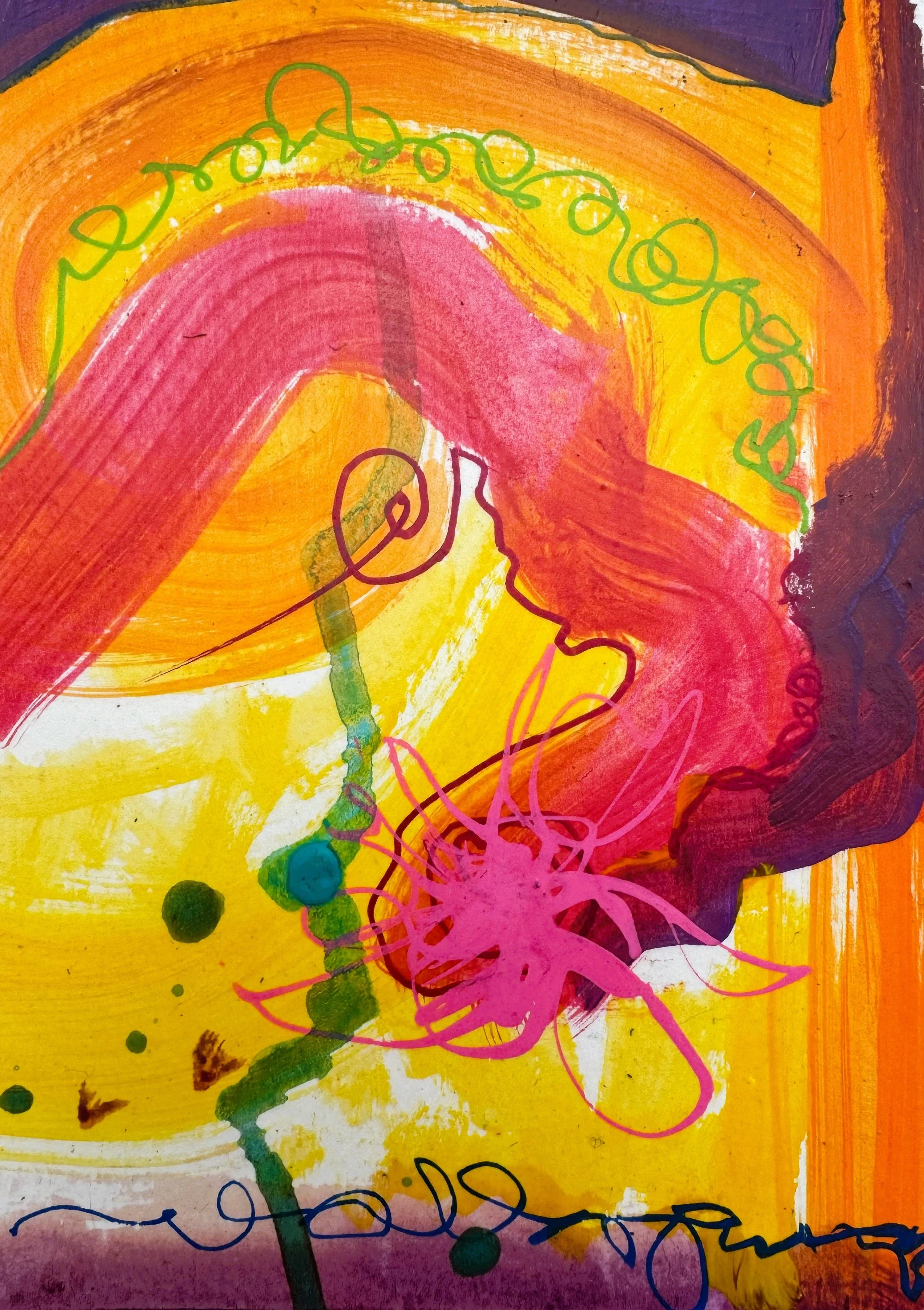 Abstract colorful artwork with a prominent red rainbow, yellow background, pink, purple and green accents, including scribbles and looping lines.
