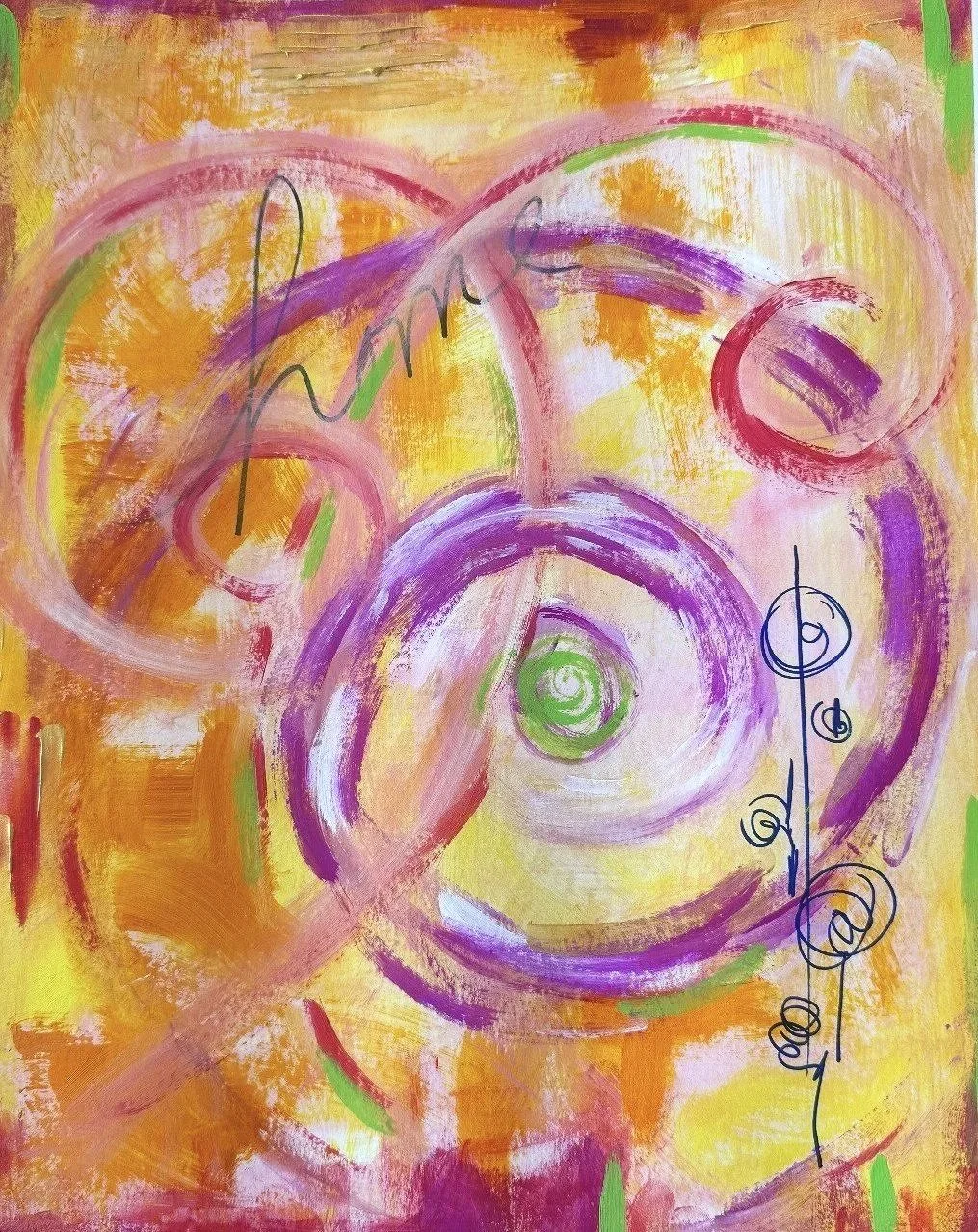 Abstract painting with swirling circles and lines in pink, purple, green, orange, and yellow colors.