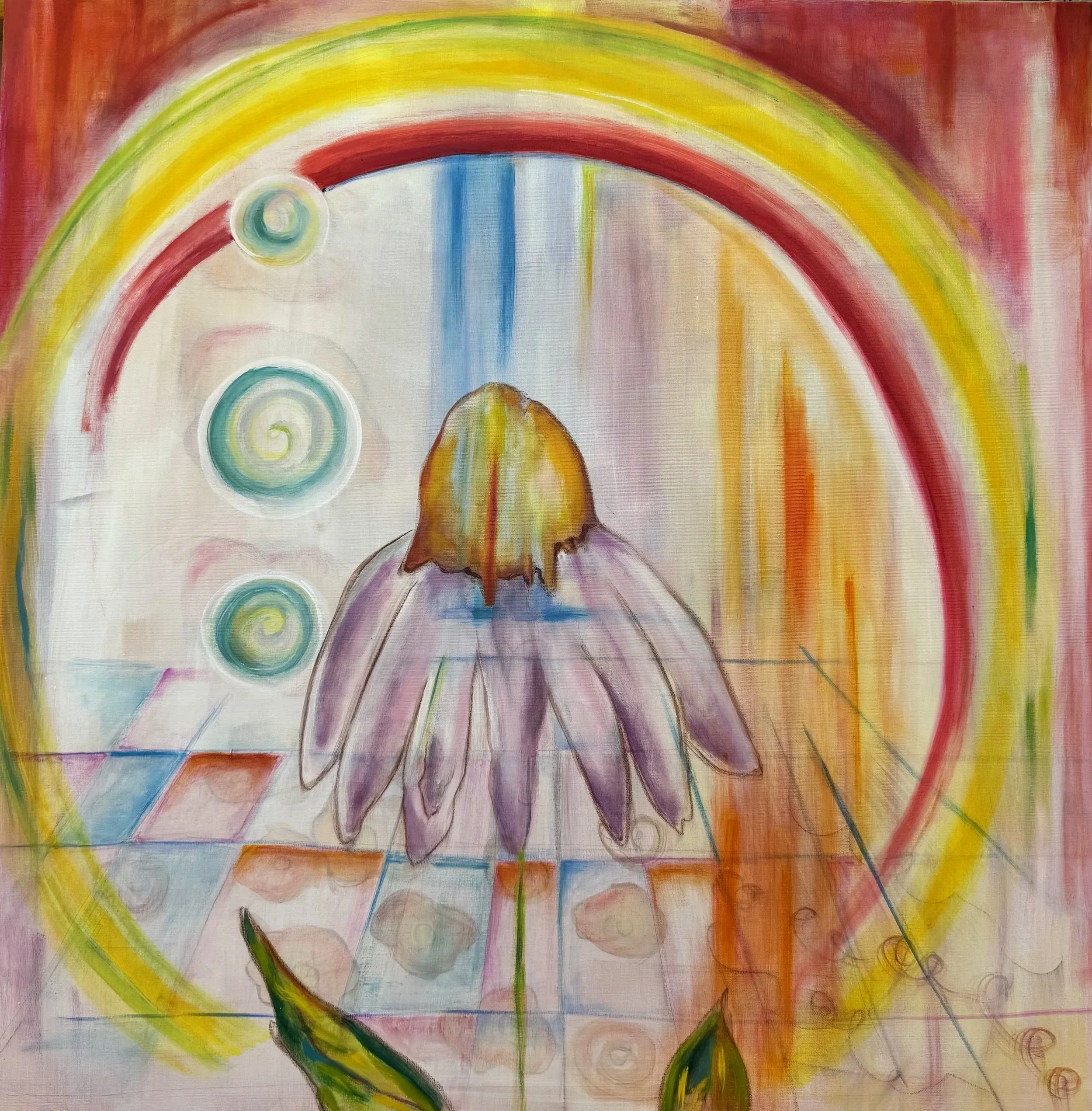 Abstract watercolor painting featuring a rainbow, swirls, drips, and a faint outline of a person holding an umbrella.