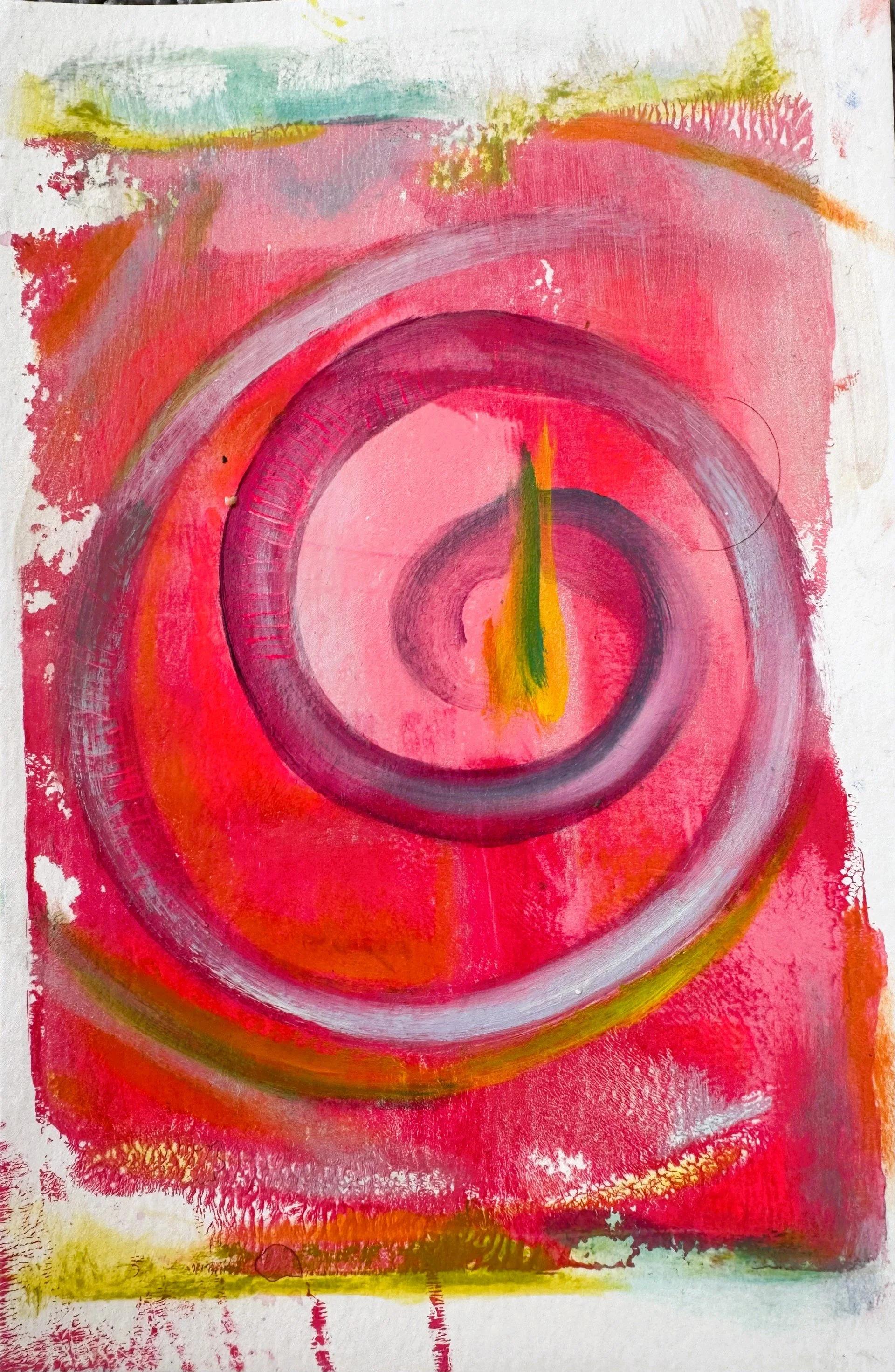 Abstract painting with concentric circles in shades of pink, red, purple, and yellow, with textured background and brushstrokes.