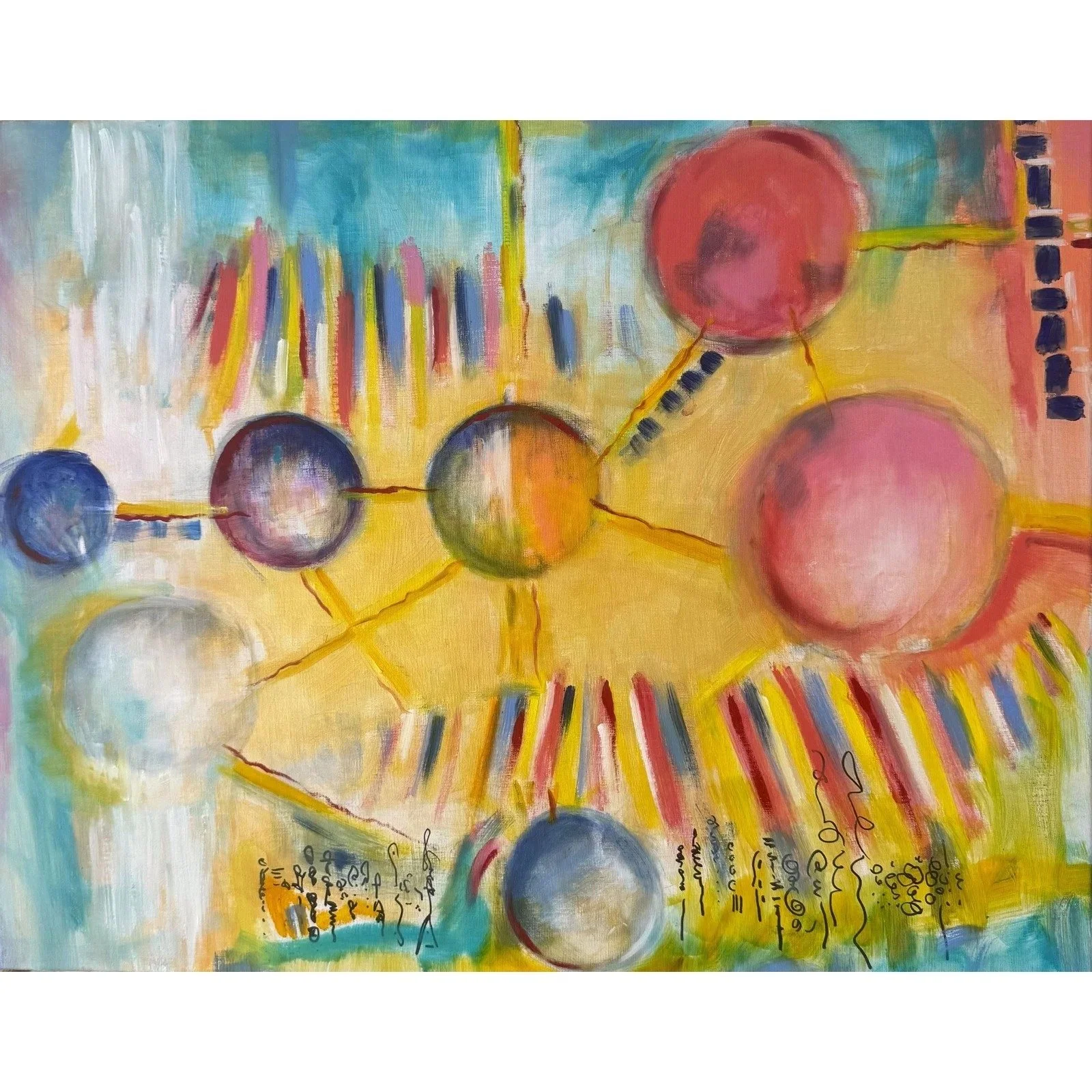 Colorful abstract painting with geometric shapes resembling circles connected by lines, mixed with vibrant brushstrokes of yellow, blue, red, and green, along with some handwritten text at the bottom.