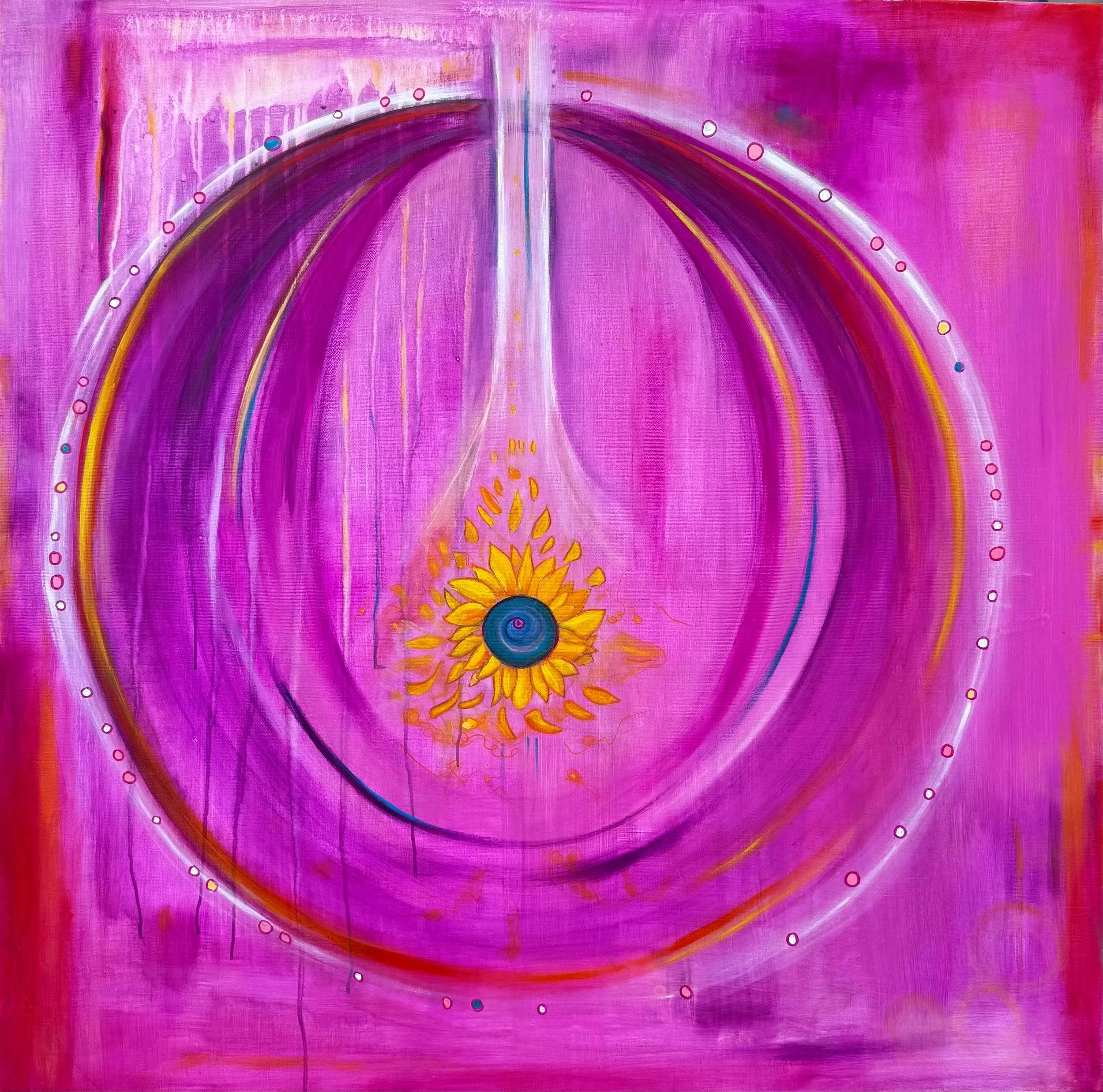 Abstract painting with pink and purple hues, featuring curved lines, circles, a sunflower, and a central spiral pattern.