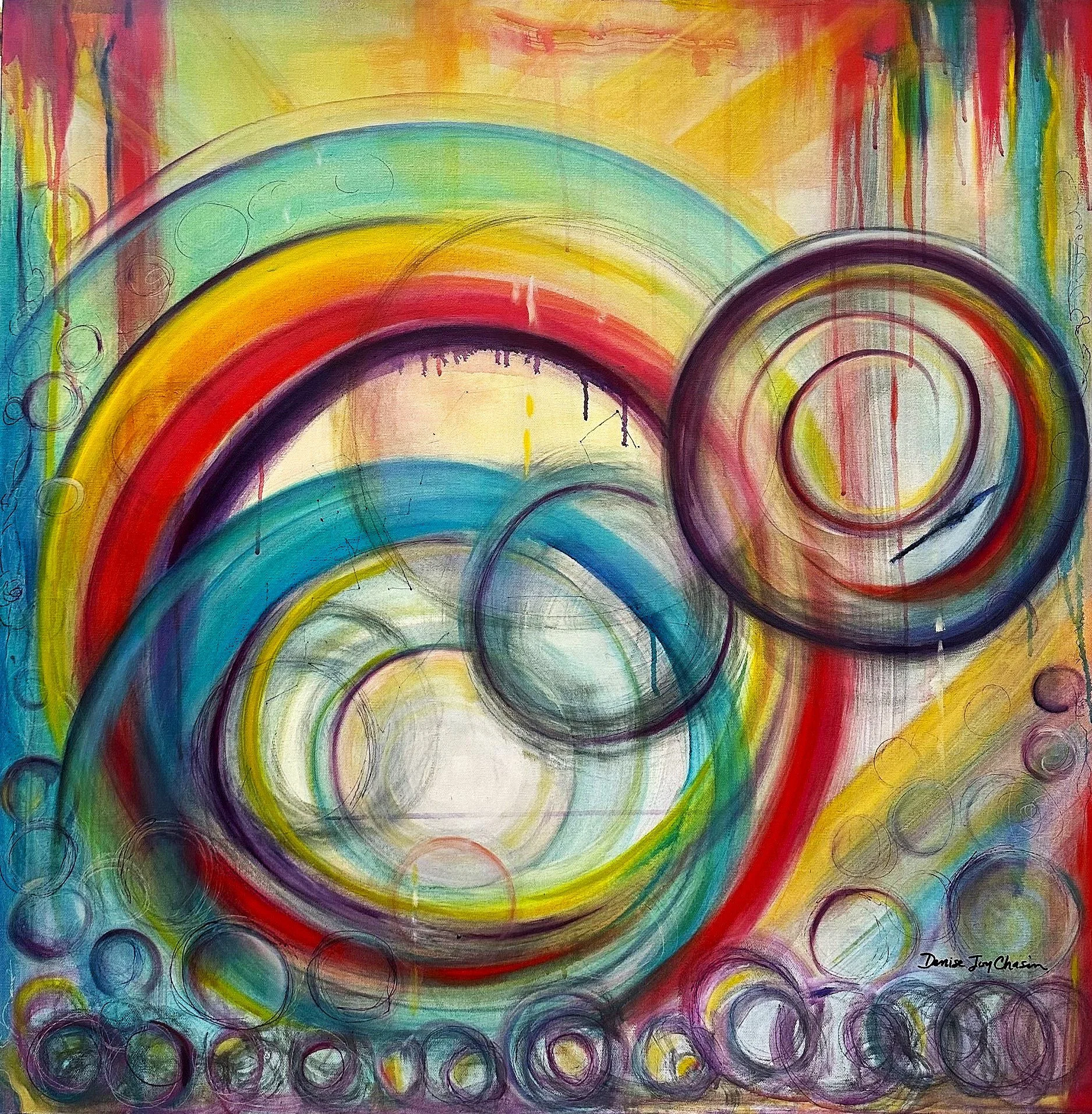 Abstract colorful painting featuring concentric circles and rainbow-like arcs with vibrant hues of red, yellow, green, blue, purple, and black. Various textures and brushstrokes create a dynamic and energetic composition.