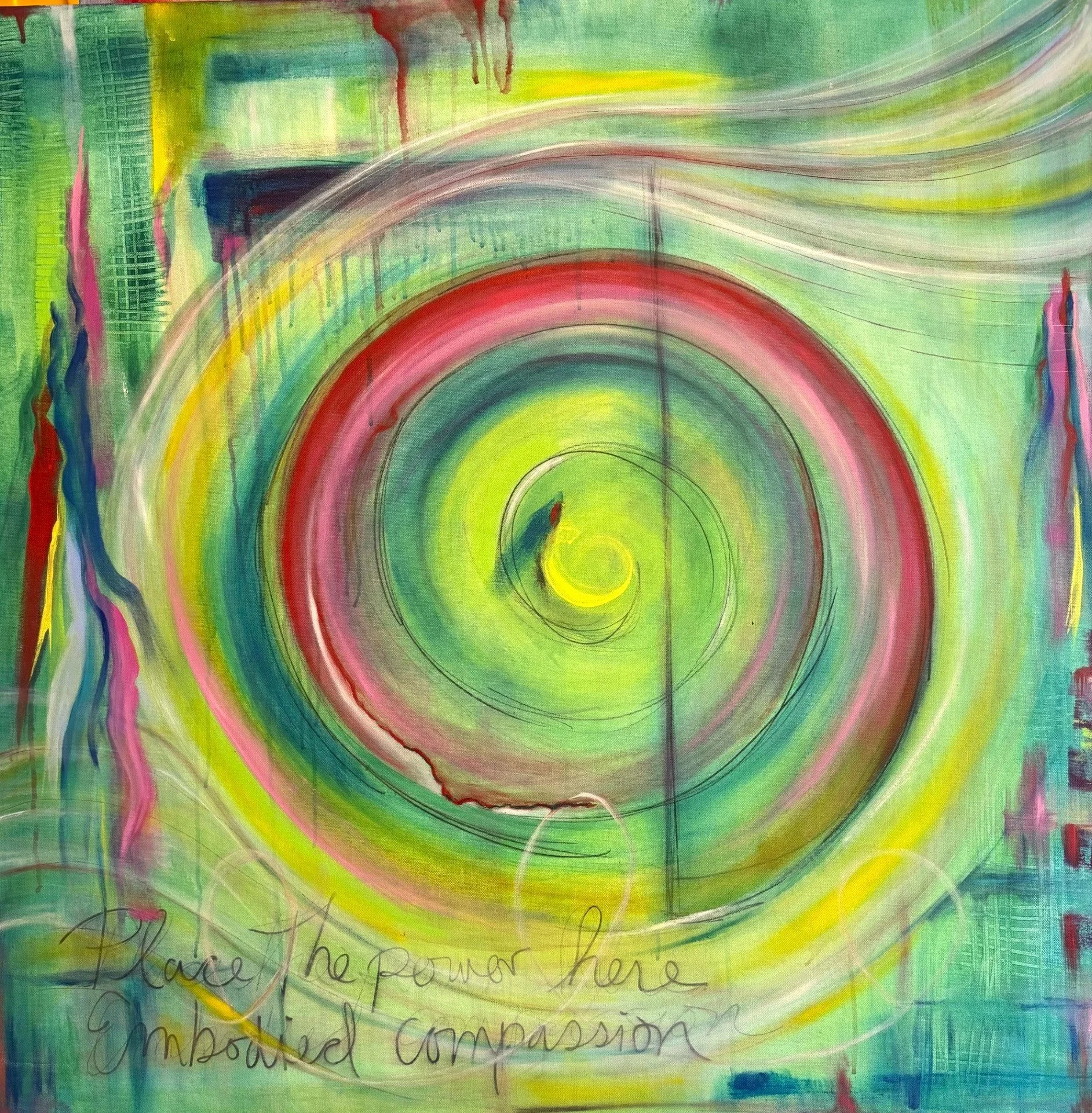 Watercolor painting with vibrant green, yellow, pink, red, and blue swirls and lines.