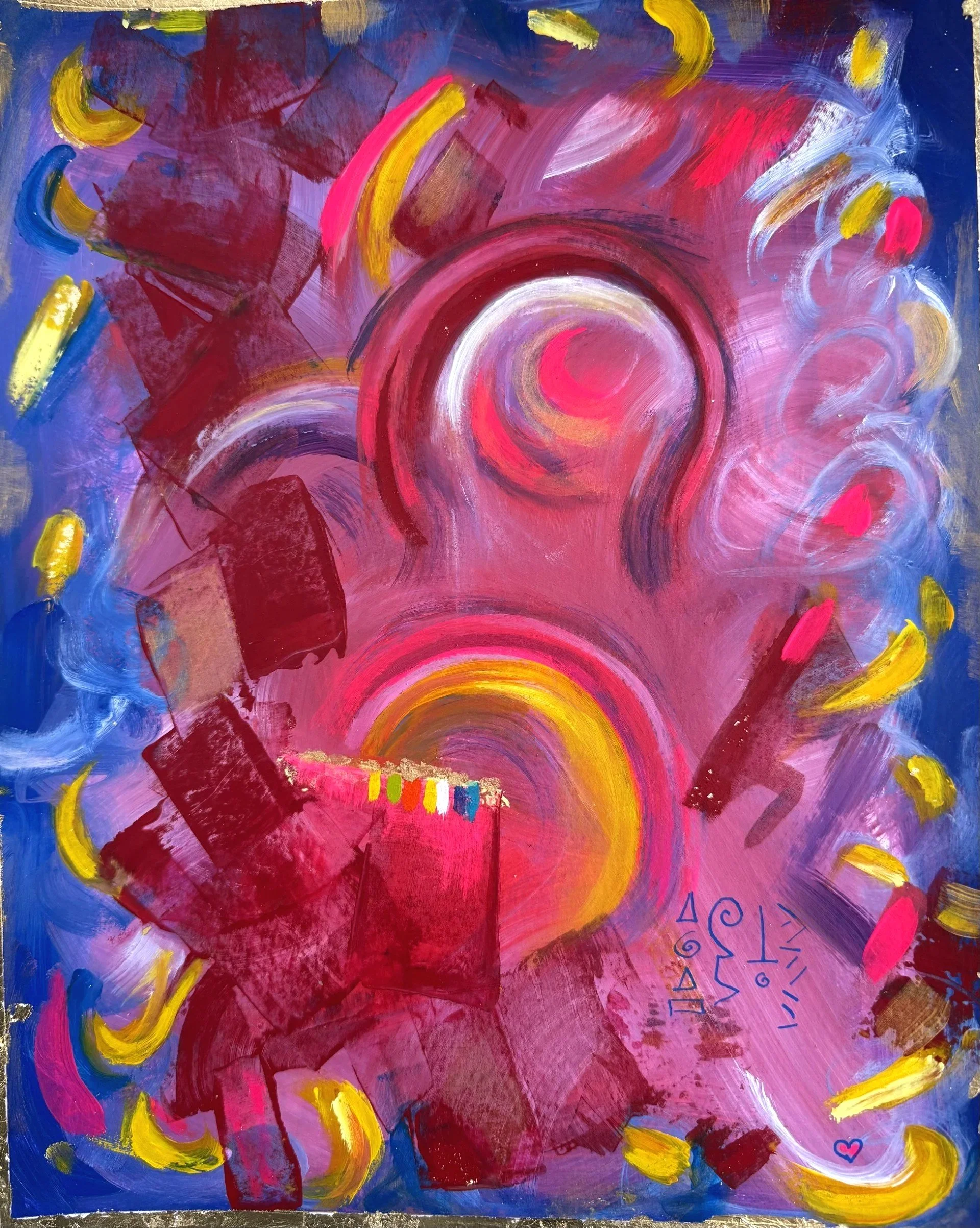 Abstract colorful painting with pink, red, yellow, purple, and blue swirls and shapes, including a small pink heart in the bottom right corner.