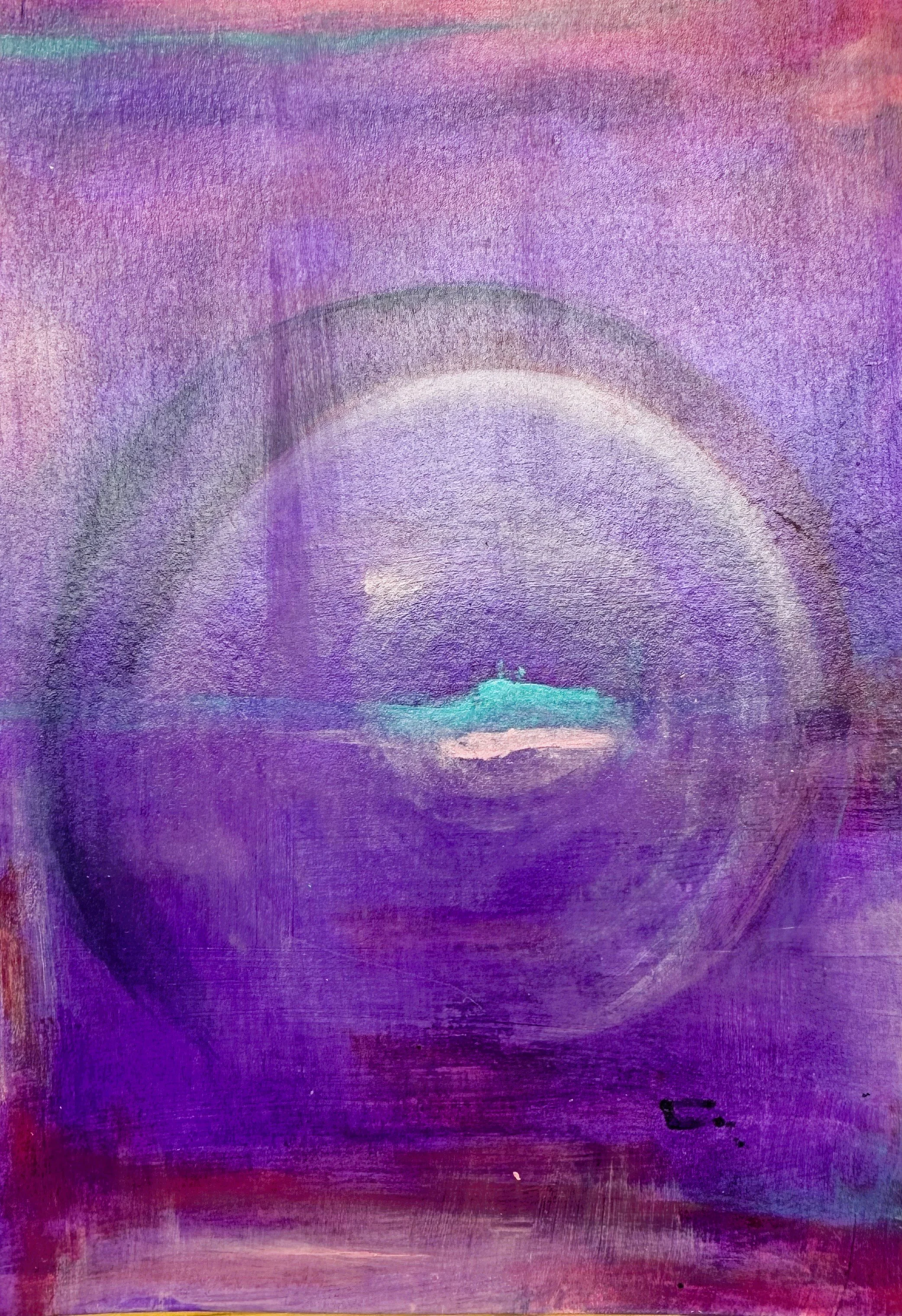A watercolor painting of a rainbow with shades of purple, pink, and blue, set against a purple background.