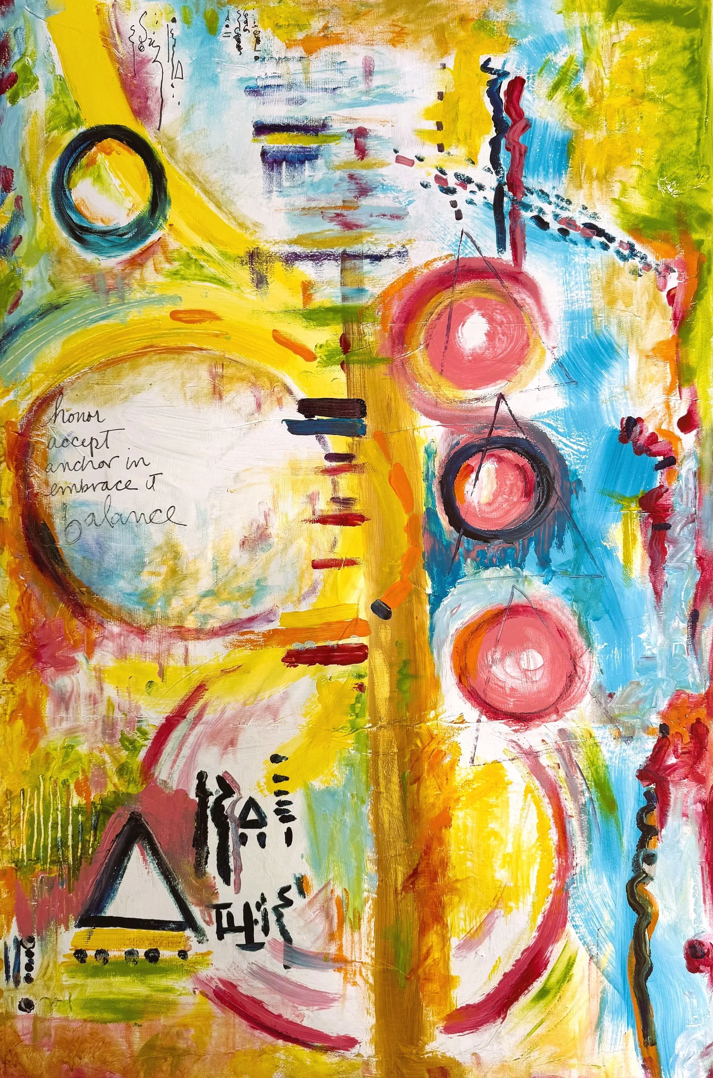 Abstract colorful painting with various shapes, circles, lines, and scribbles including a triangular shape with the words 'honor', 'accept', 'embrace', and 'balance' written inside.
