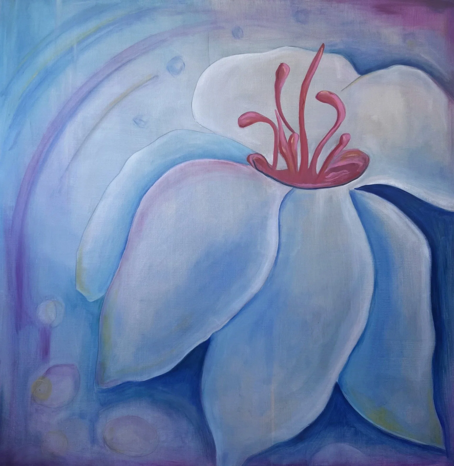 Abstract painting with pastel colors featuring a rainbow and white lily petals with pink stamen.