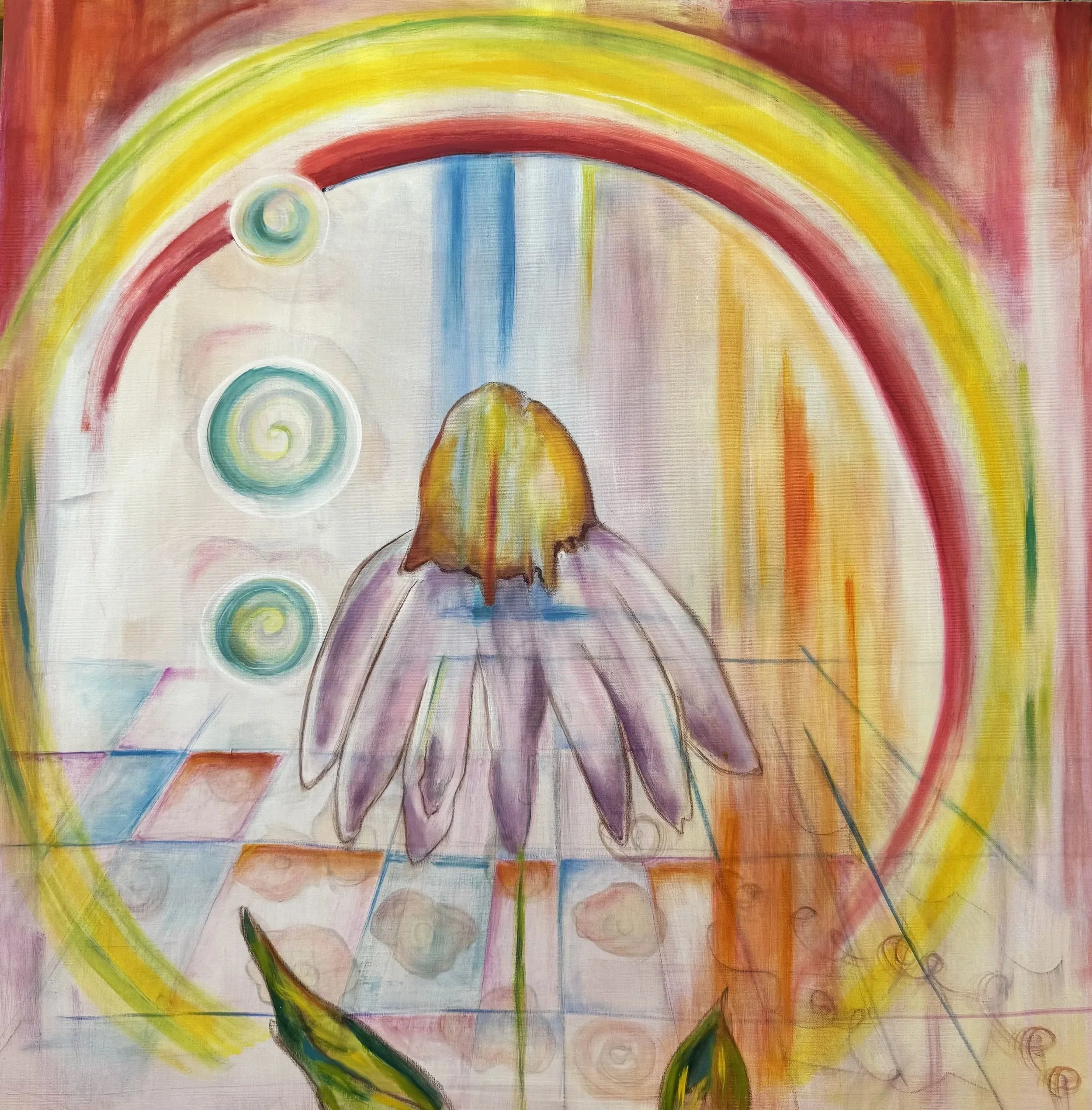Abstract watercolor painting of a person with a multicolored rainbow in the background. The person has long hair, and the rainbow has blue, yellow, orange, and red colors.