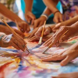 Multiple hands painting on a large canvas with brushes.