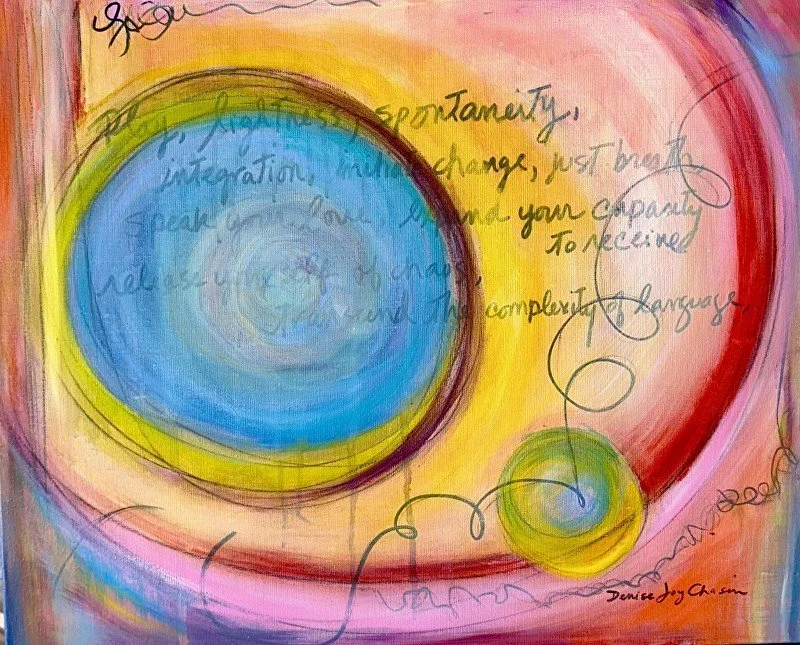 Colorful abstract artwork featuring concentric circles in blue, yellow, green, and red with handwritten words about change, receptivity, and complexity.