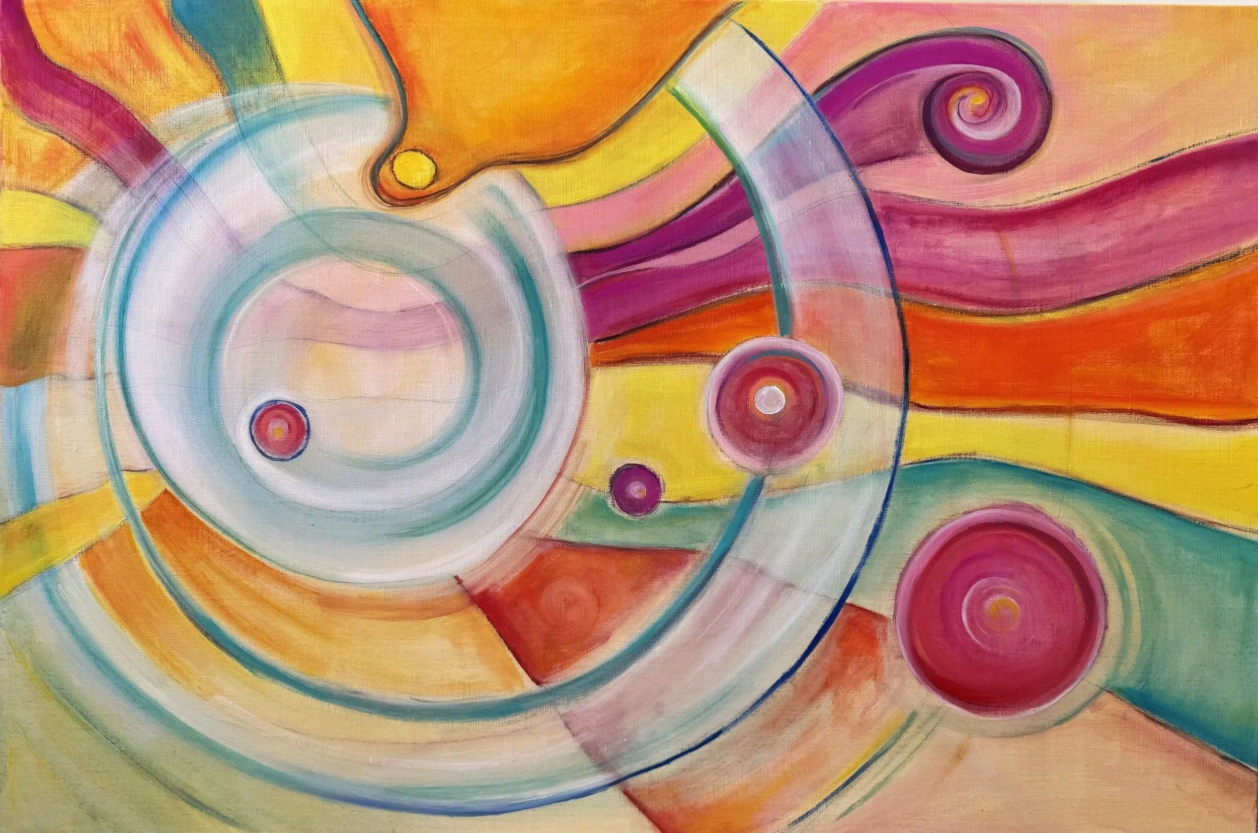 Abstract colorful painting with swirling circles, lines, and shapes in vibrant shades of yellow, orange, pink, purple, blue, and green.