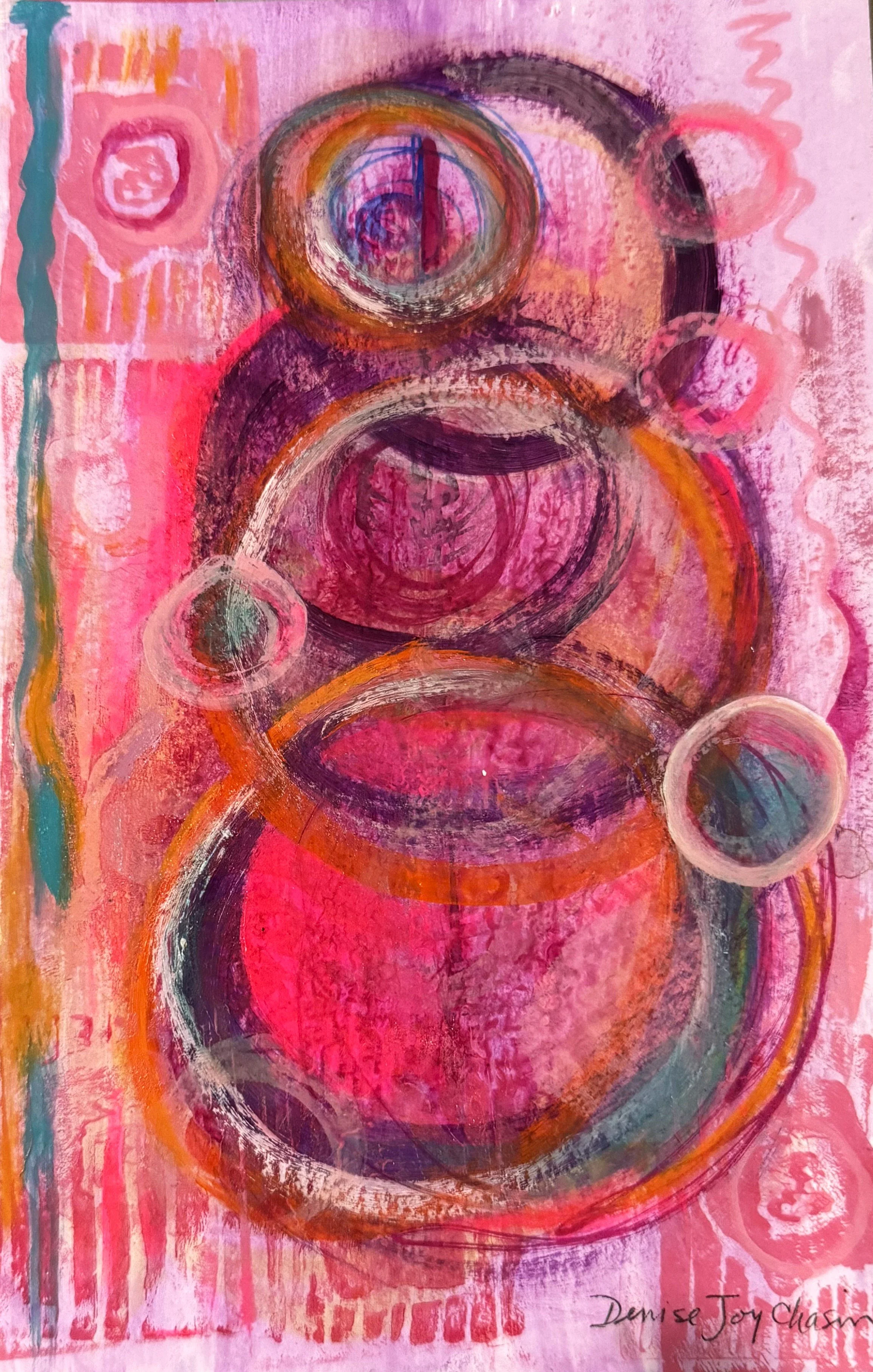 An abstract painting predominantly in pink, with circular shapes and swirling lines in purple, orange, and white, creating a vibrant, energetic composition.