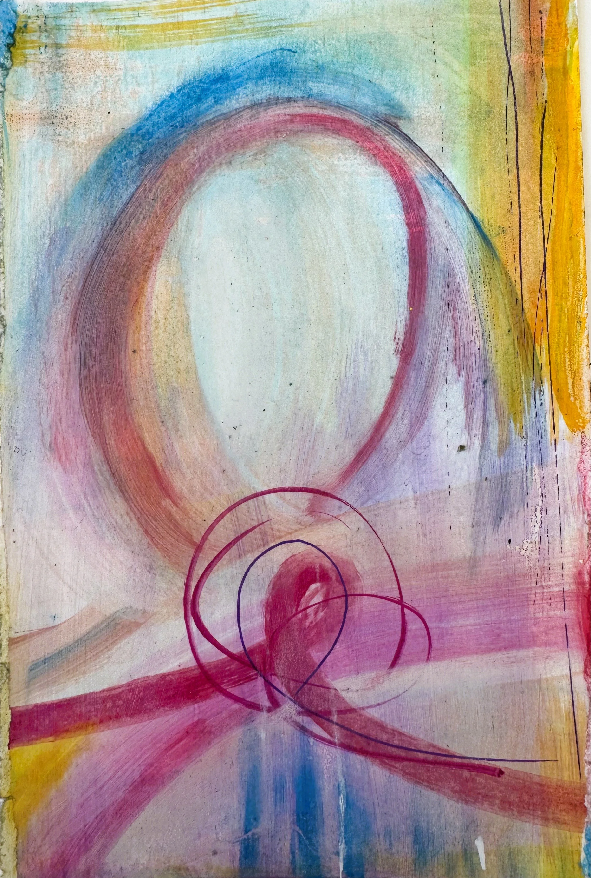 Abstract watercolor painting with rainbow arcs, circles, and splashes in pastel colors including pink, blue, yellow, and green.