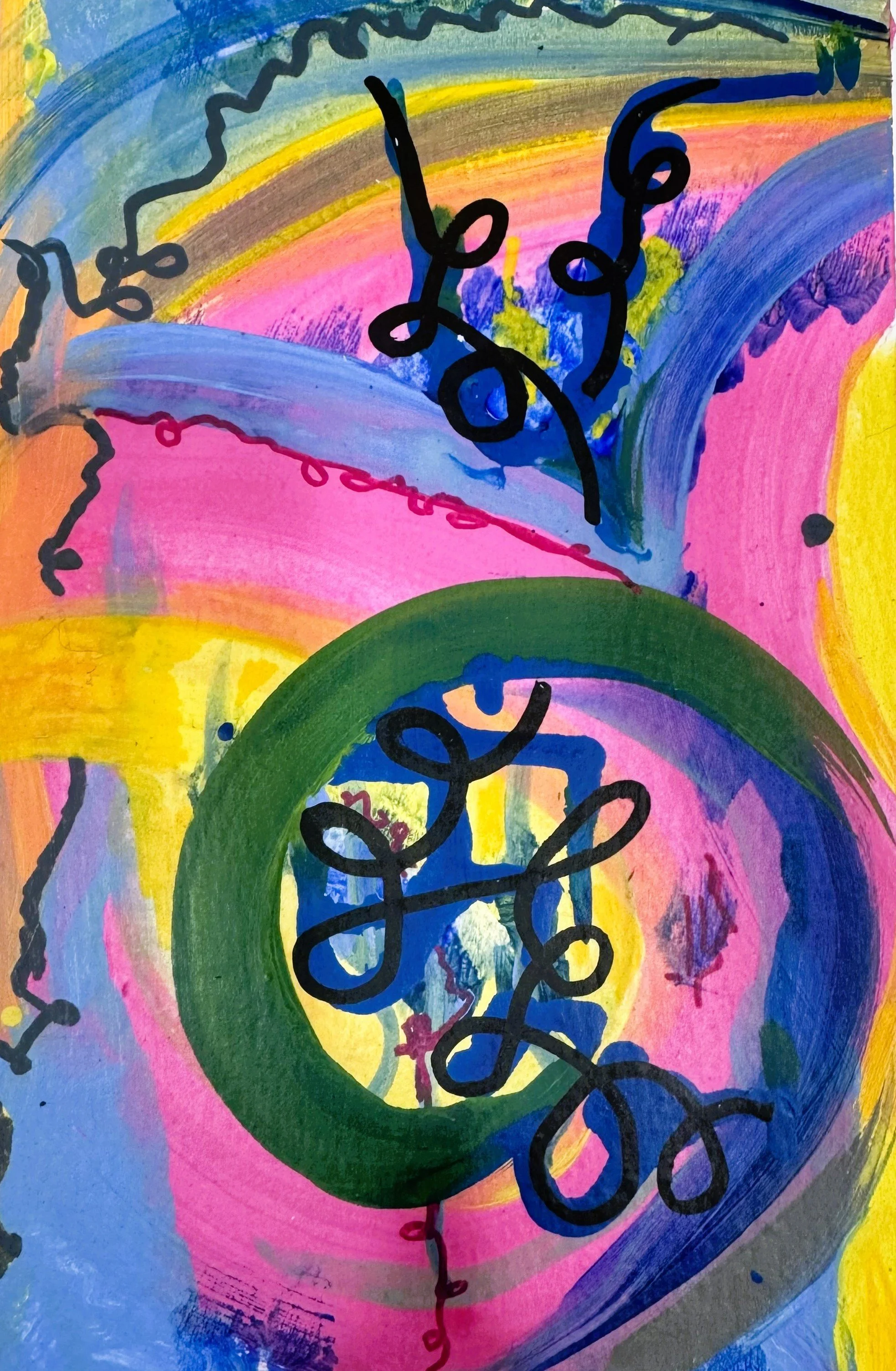 Colorful abstract painting with swirling patterns, primarily pink, blue, green, and yellow, with black decorative lines layered over the background.