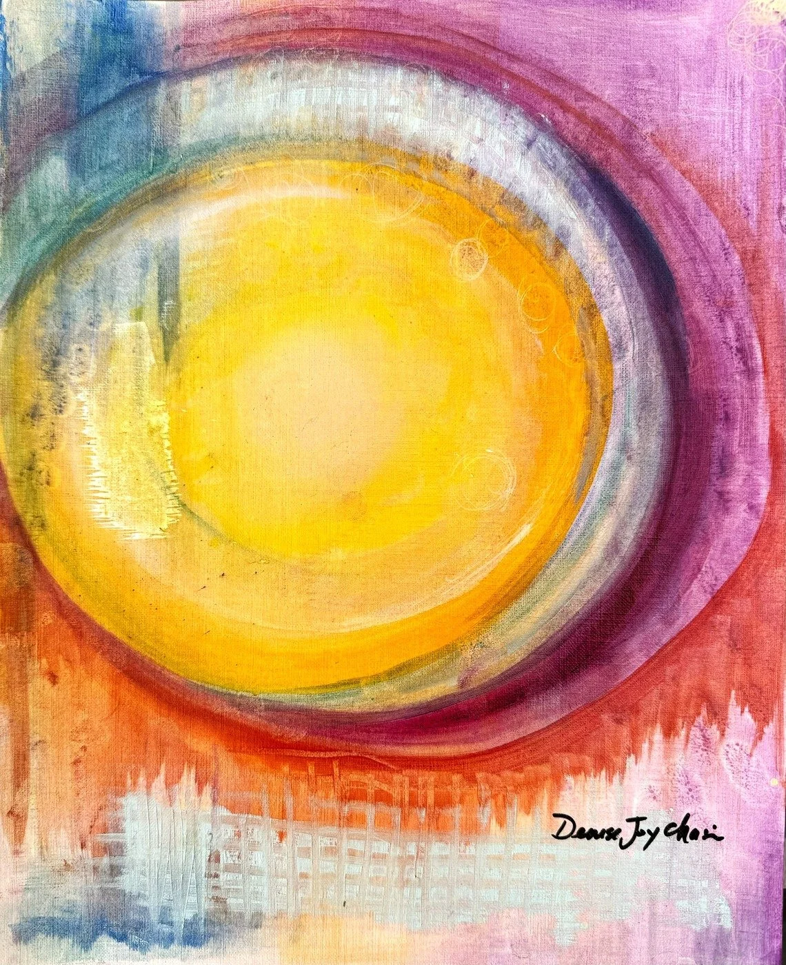 Abstract painting with a bright yellow circle in the center, surrounded by multicolored concentric rings in shades of purple, green, and red. Artist's signature, Danee Jych, in black in the bottom right corner.