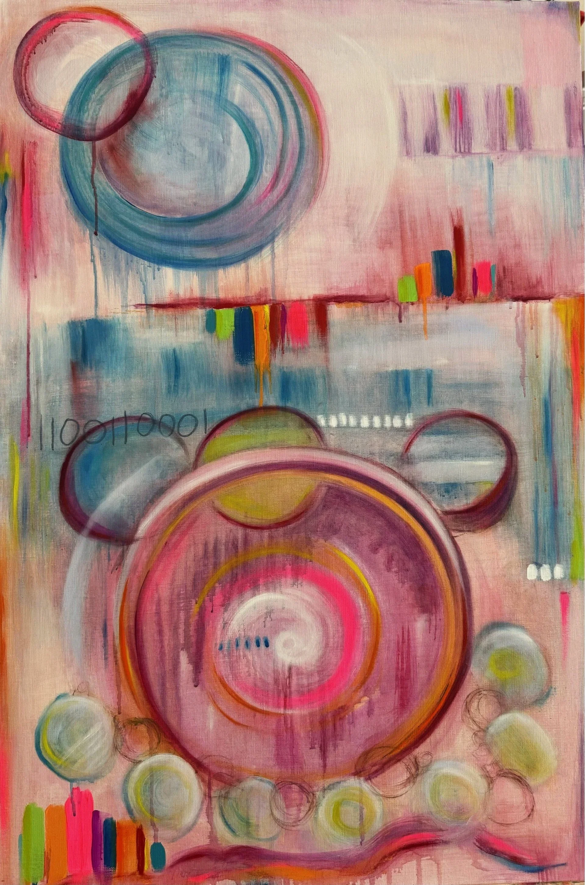 Abstract painting with circles and bar charts, using pink, orange, yellow, green, blue, and purple colors.