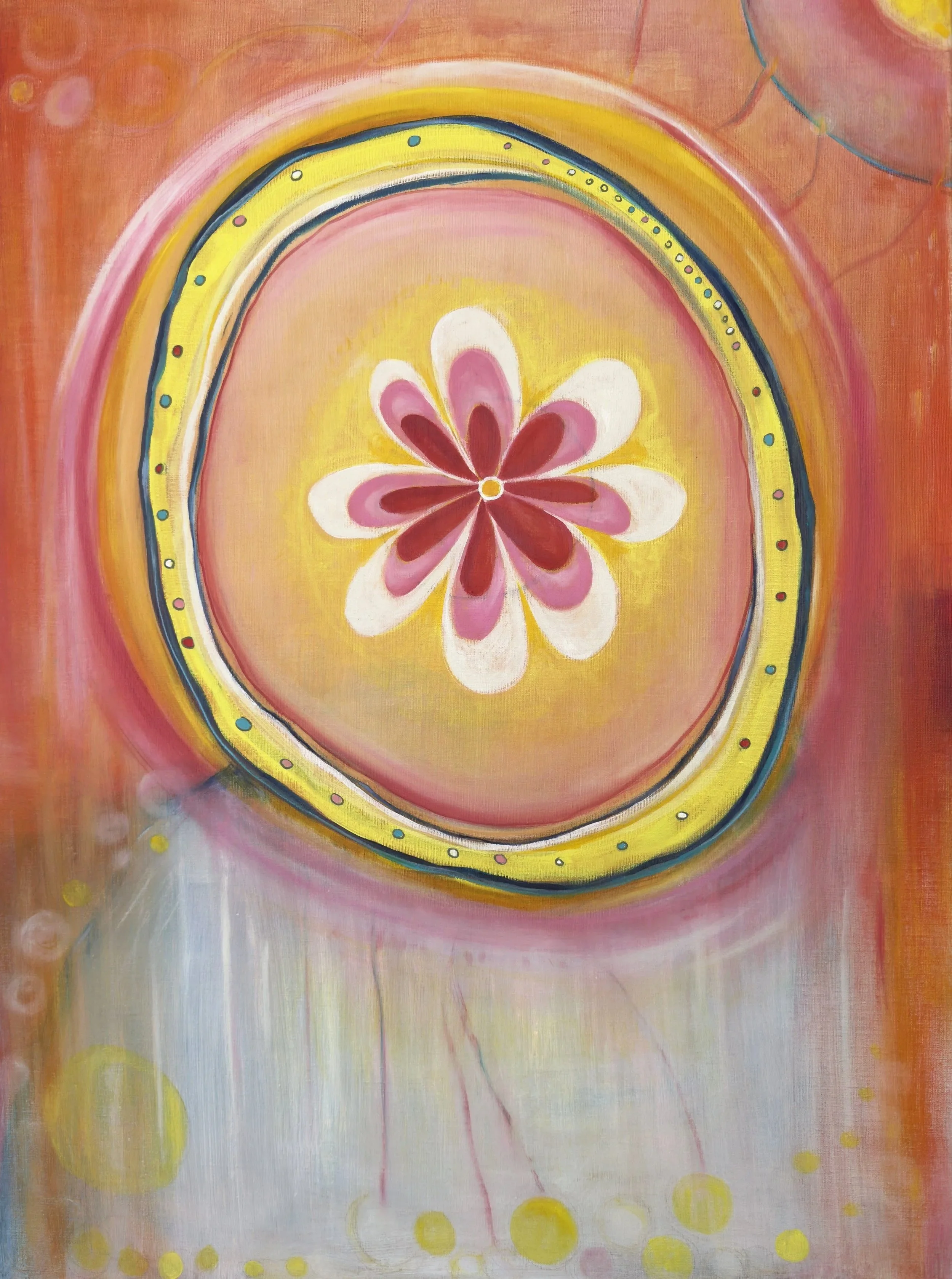 Abstract painting with concentric circles, a flower-like shape in the center with pink and white petals, and a vibrant, warm color palette of yellows, pinks, and oranges.