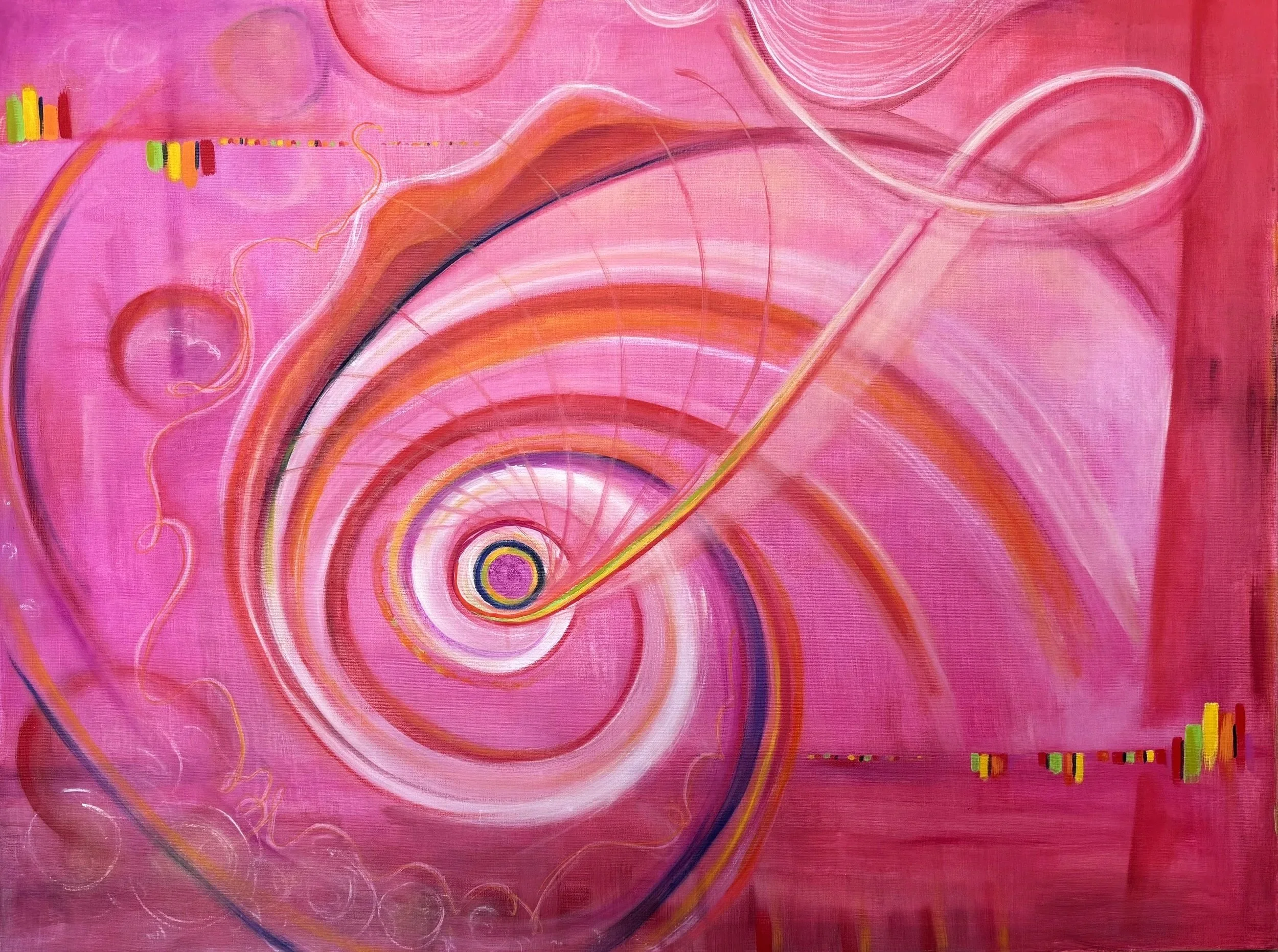 Abstract pink artwork featuring swirling lines, concentric circles, and colorful rectangular patterns in the top left and bottom right corners.