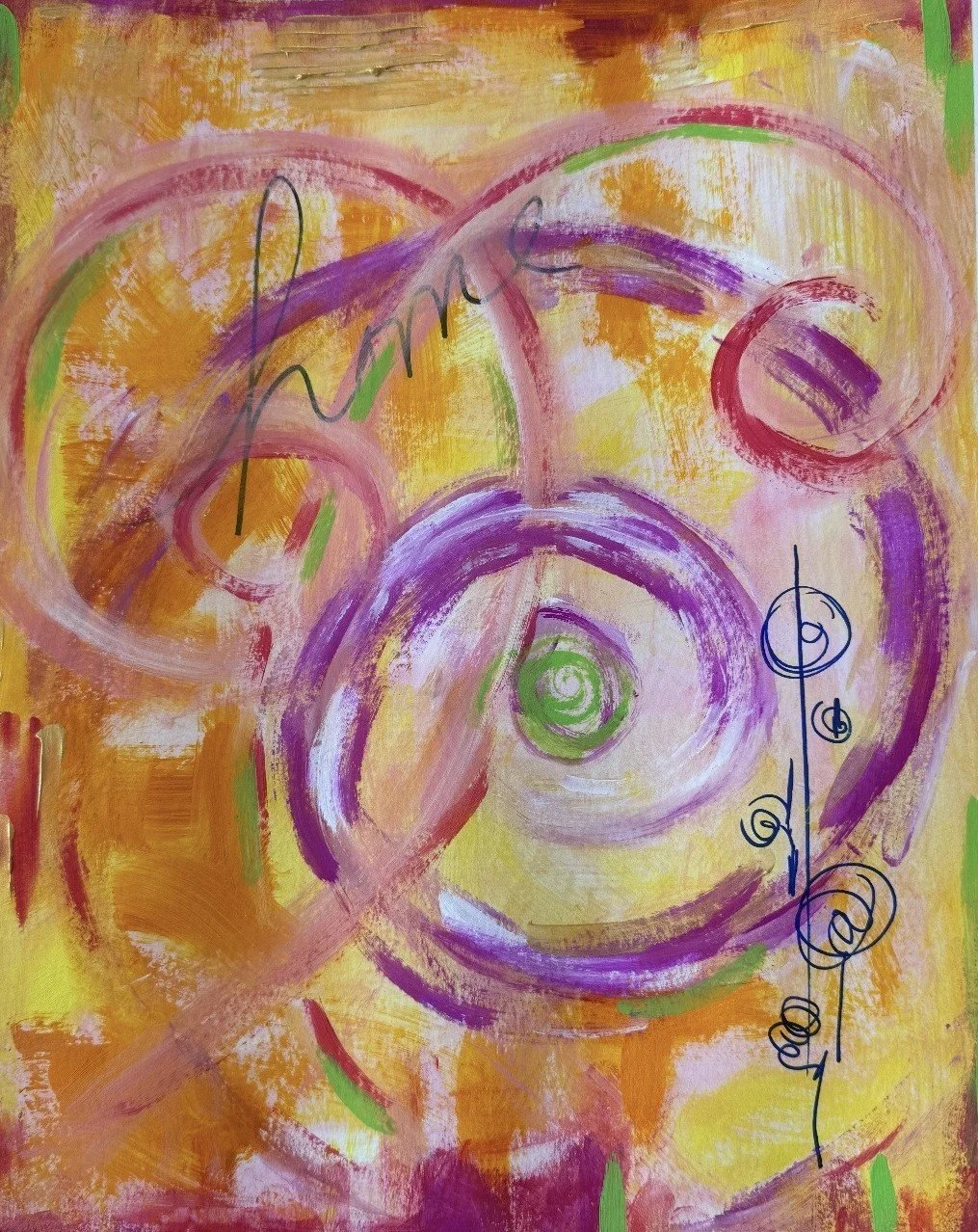 Abstract colorful painting with swirling purple, green, pink, yellow, and orange brushstrokes, featuring some black spiral line elements.