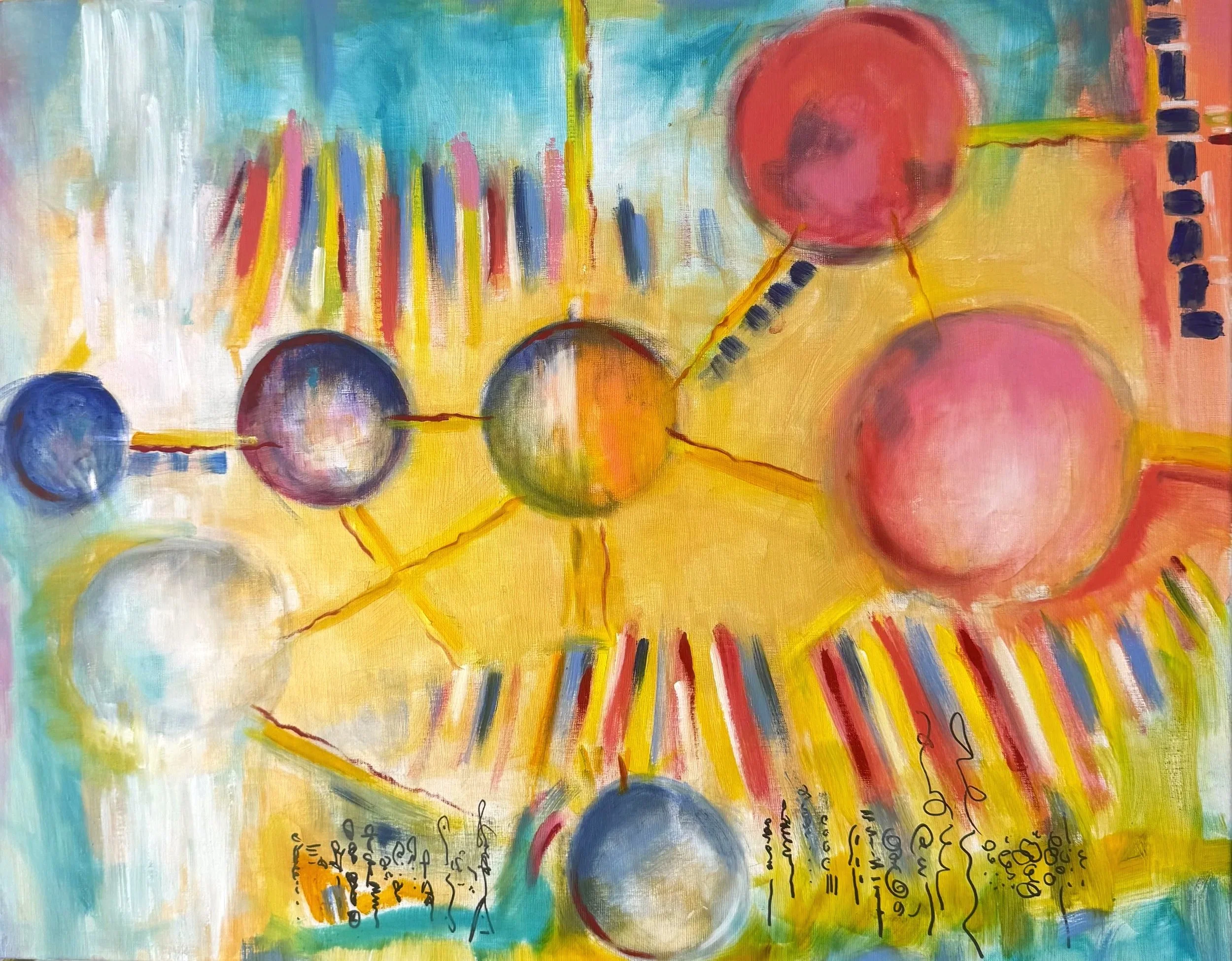 An abstract painting with a bright yellow background featuring several colorful circles and lines. There are large pink and blue circles, vertical lines in various colors, and wavy handwritten text at the bottom with black ink.