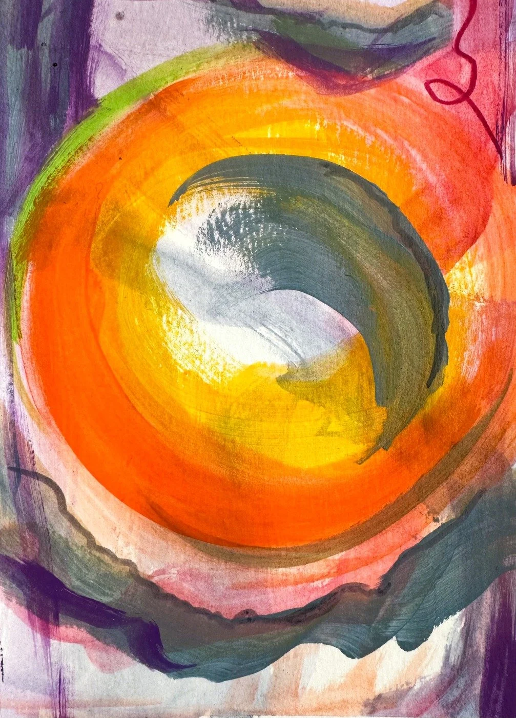 An abstract painting with a large circular shape in the center, featuring vibrant orange, yellow, green, purple, and gray brushstrokes.