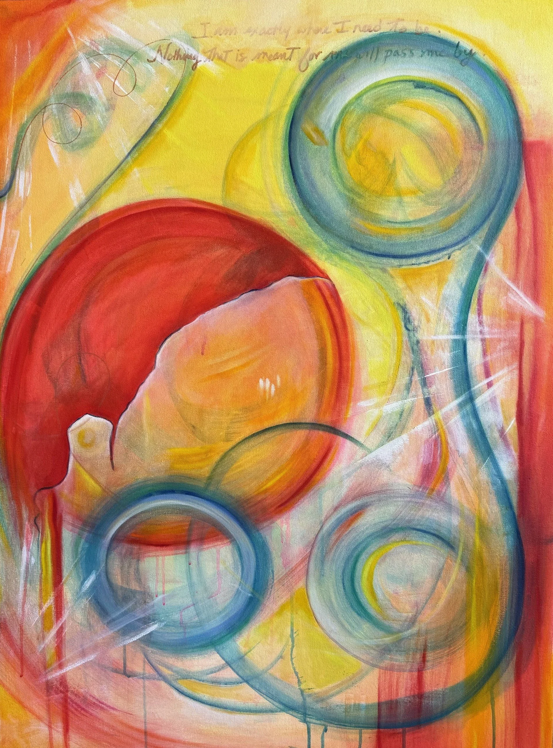 Abstract colorful painting with swirling circles and drips of paint in shades of red, yellow, blue, green, and orange.