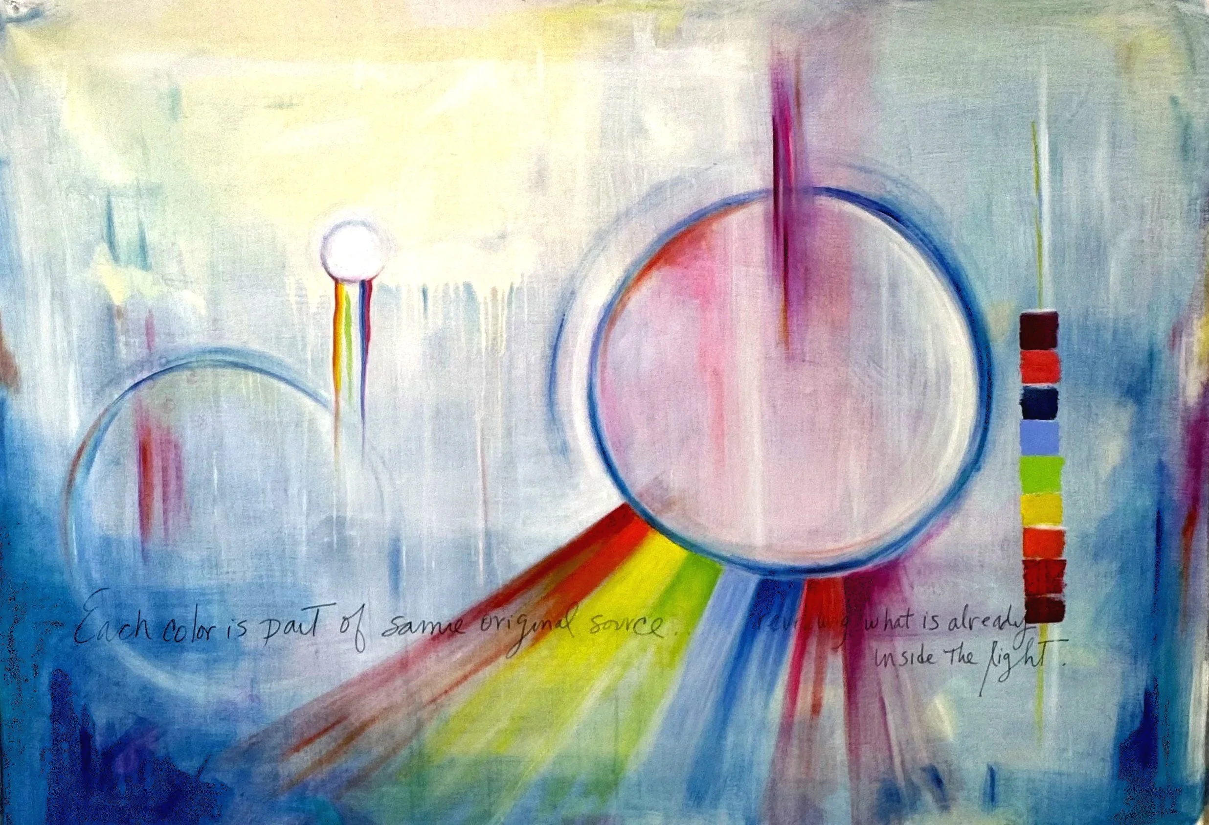 Abstract painting featuring concentric circles in shades of pink and blue, with a rainbow-colored line and a small rainbow-colored square on the right, and handwritten text at the bottom describing the concept of colors and origins.