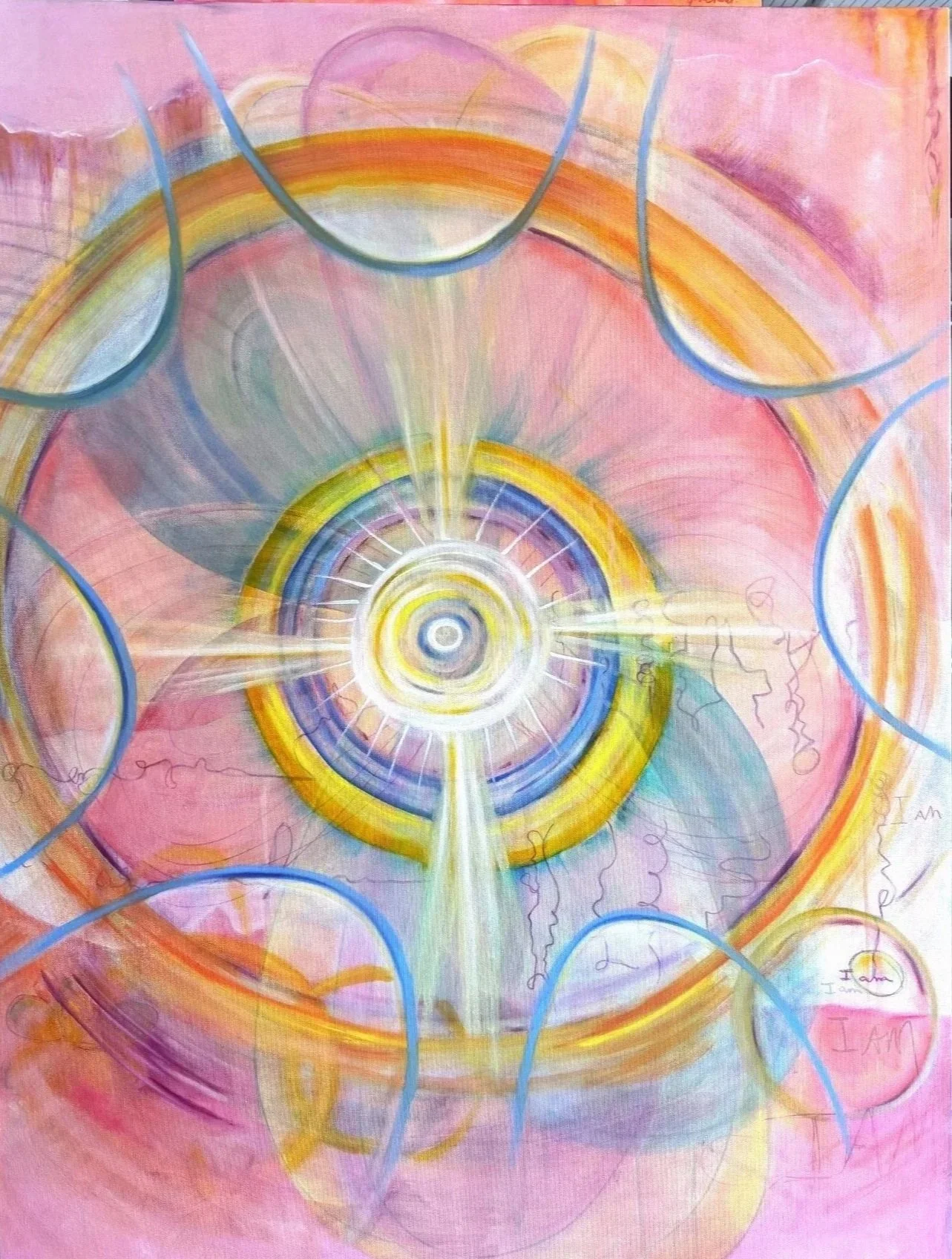 Abstract psychedelic artwork featuring concentric circles with radiant lines, soft pastel colors, and swirling patterns. The central focus is a bright circular mandala emitting light, with surrounding circular shapes and flowing lines in shades of pink, yellow, blue, and purple.