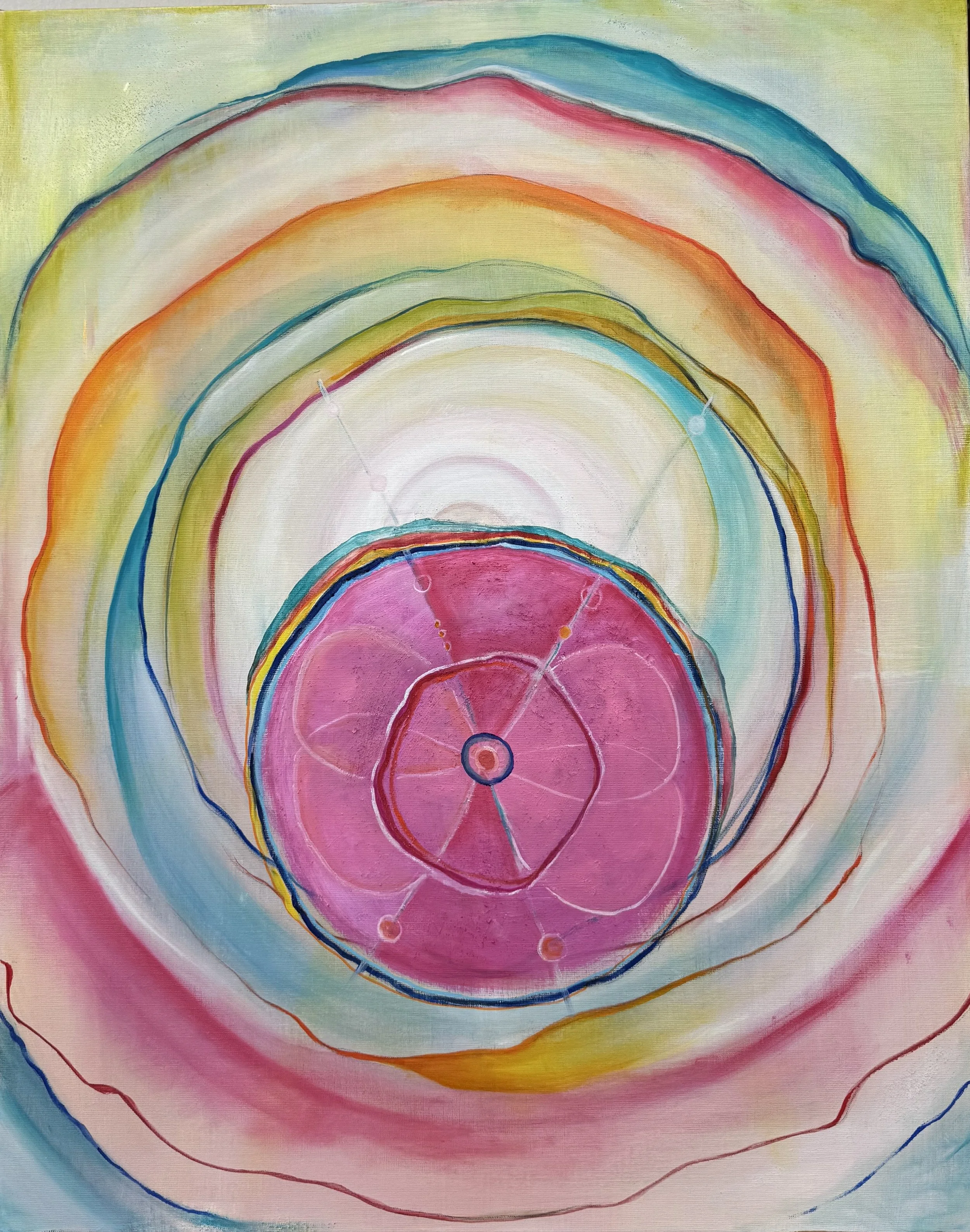 A colorful, abstract painting of a rainbow with distinct, curved bands of pink, blue, red, yellow, green, and purple against a soft, gradient background.