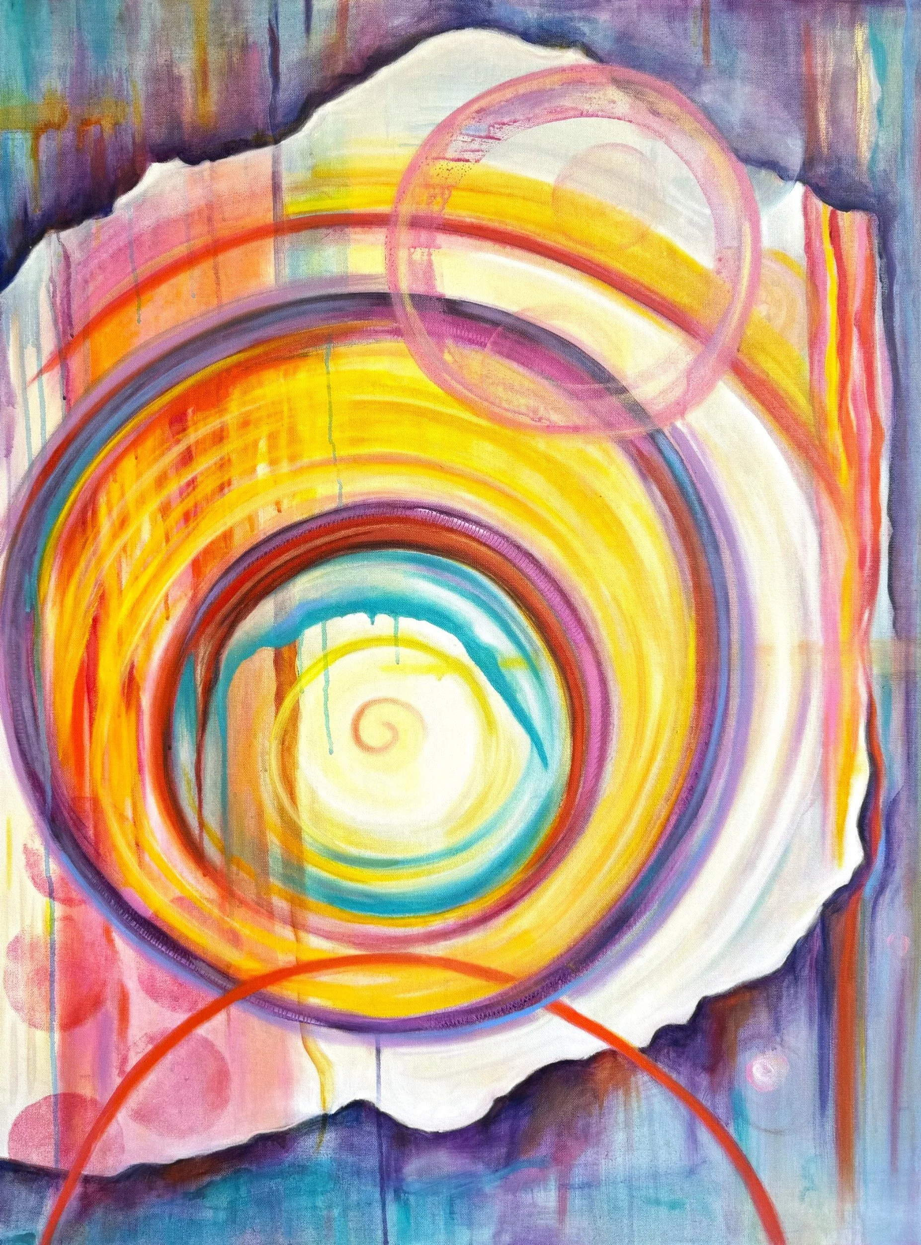 Abstract painting with colorful concentric circles, swirling lines, and drips of paint in shades of yellow, orange, pink, purple, blue, and white.