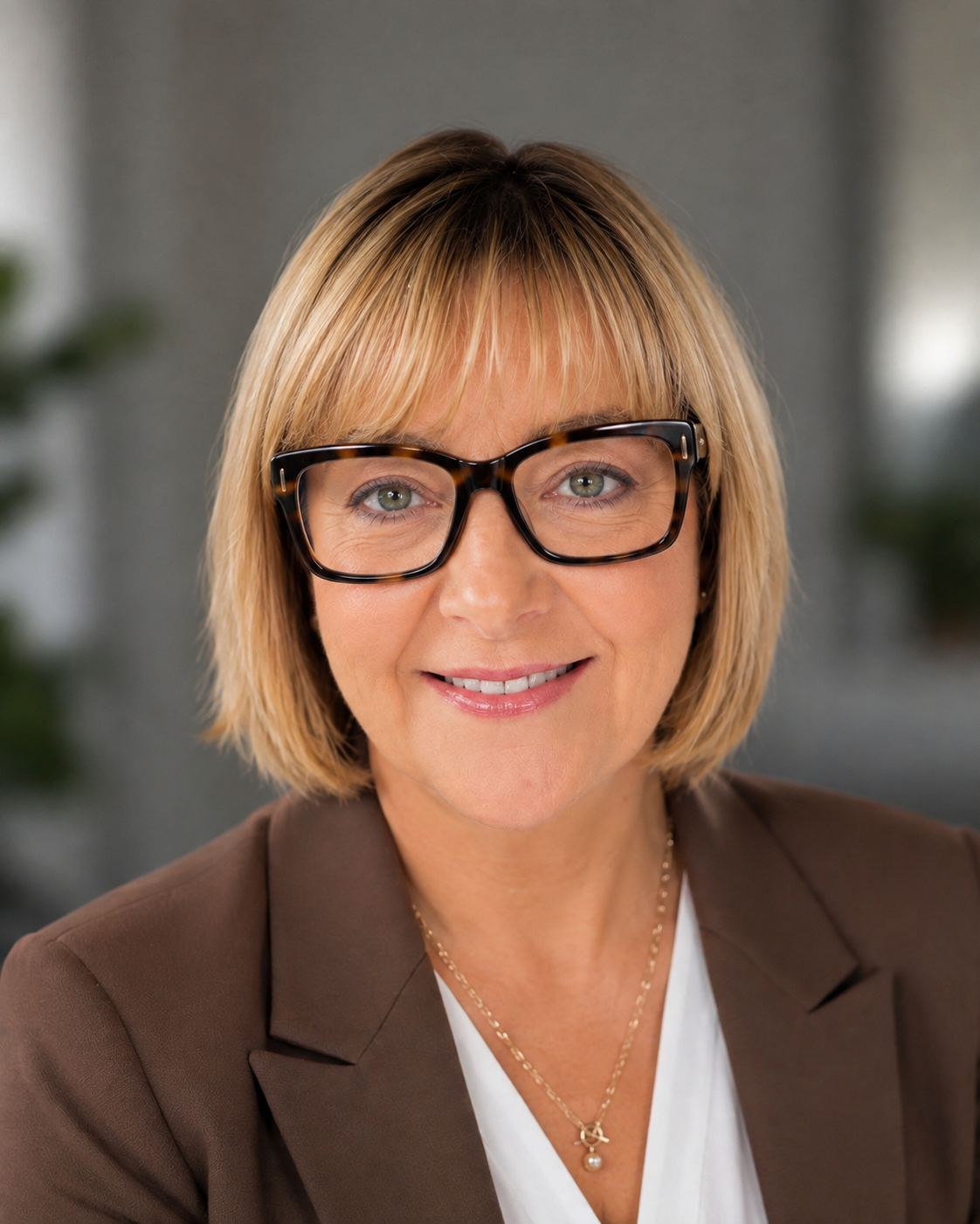 A professional woman with blonde hair, wearing glasses, a brown blazer, white shirt, and a gold necklace, smiling in an office setting.
