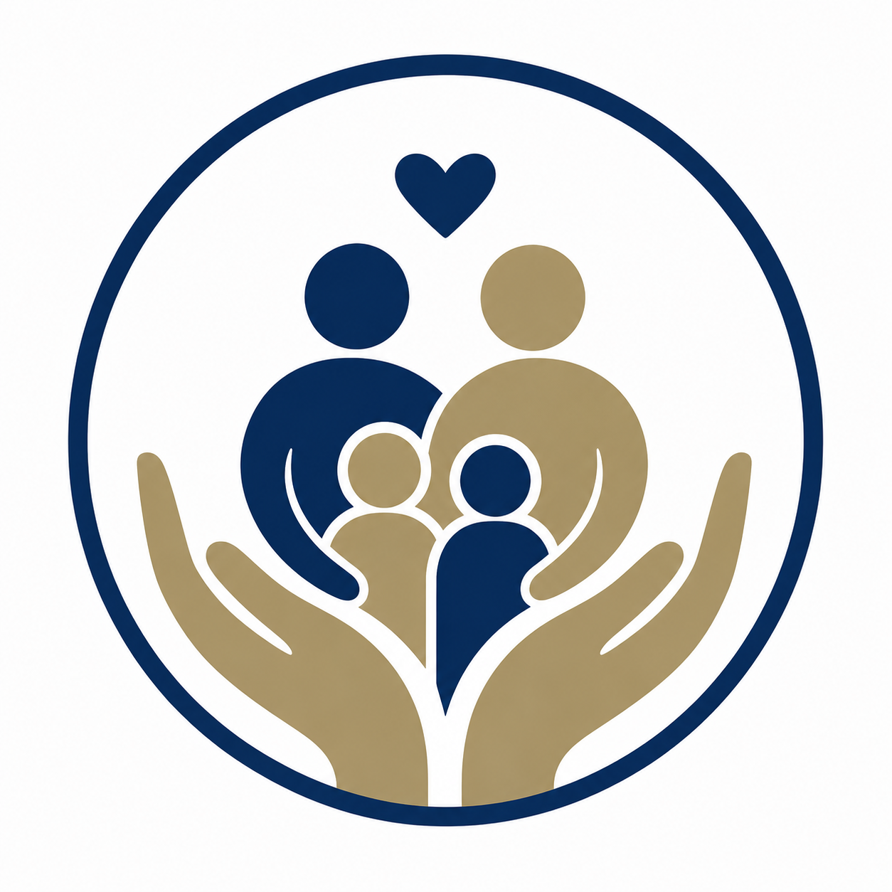 Illustration of two adult figures, two children, and a heart, all held by stylized hands, representing care and support.