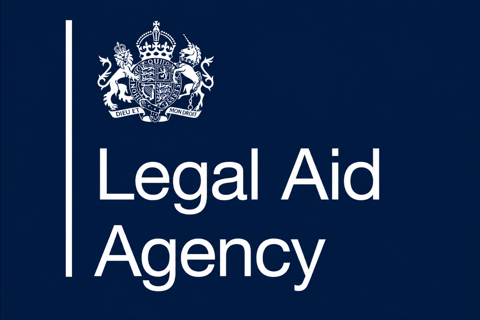 A blue sign with the Royal Coat of Arms at the top left corner and the text 'Legal Aid Agency' in white letters.
