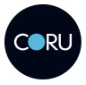 CORU logo with white text and a blue dot, on a black circular background.