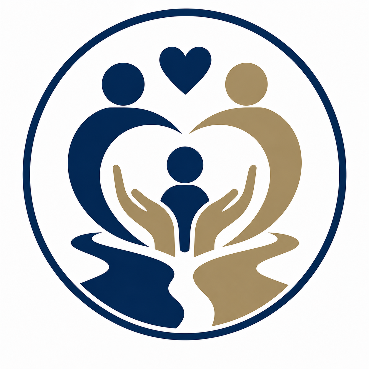 Logo with abstract human figures in blue and gold, forming a heart shape with a small heart above, surrounded by a circular border.