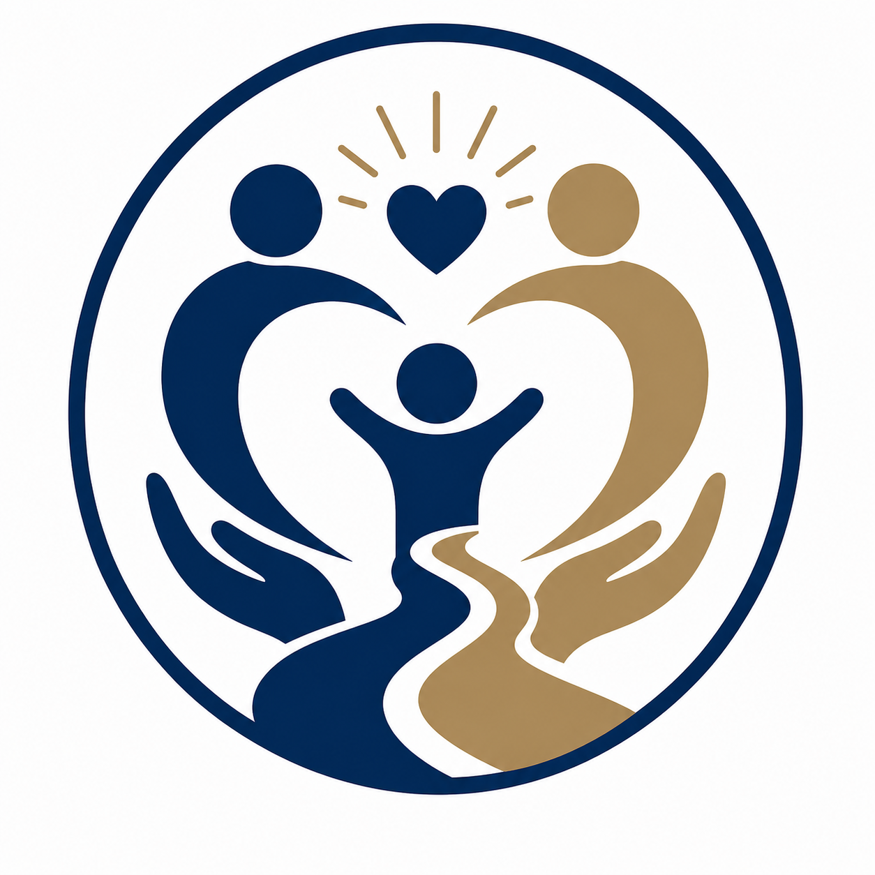 Logo featuring two stylized human figures, one blue and one gold, holding a child's figure between them, with a heart and radiating lines above.