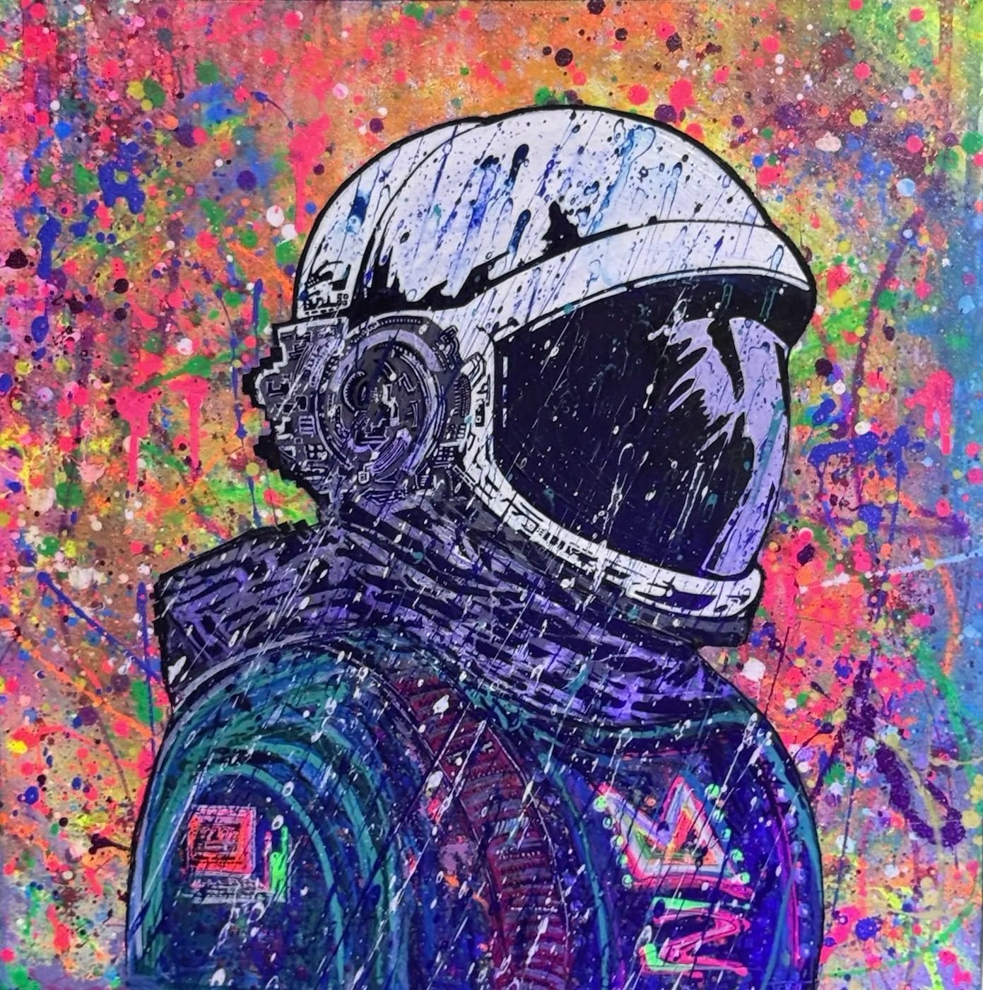 A colorful graffiti-style painting of an astronaut wearing a helmet with a space background. The background is splattered with vibrant colors like pink, green, blue, and orange.
