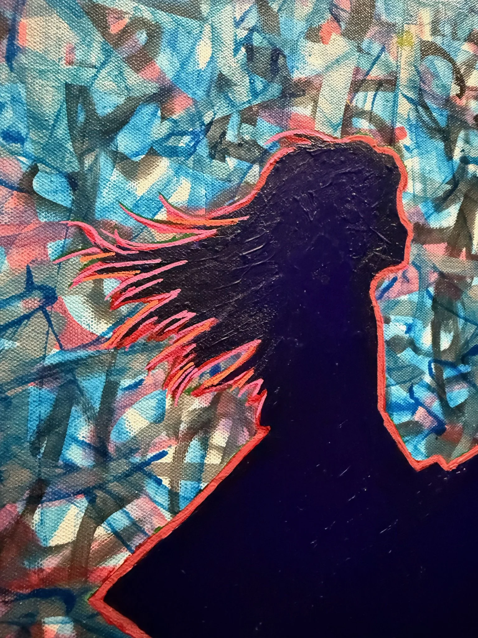 Close-up of abstract art painting featuring a dark silhouette of a creature with a textured black body and red outline, set against a background of layered blue, pink, and black brushstrokes.